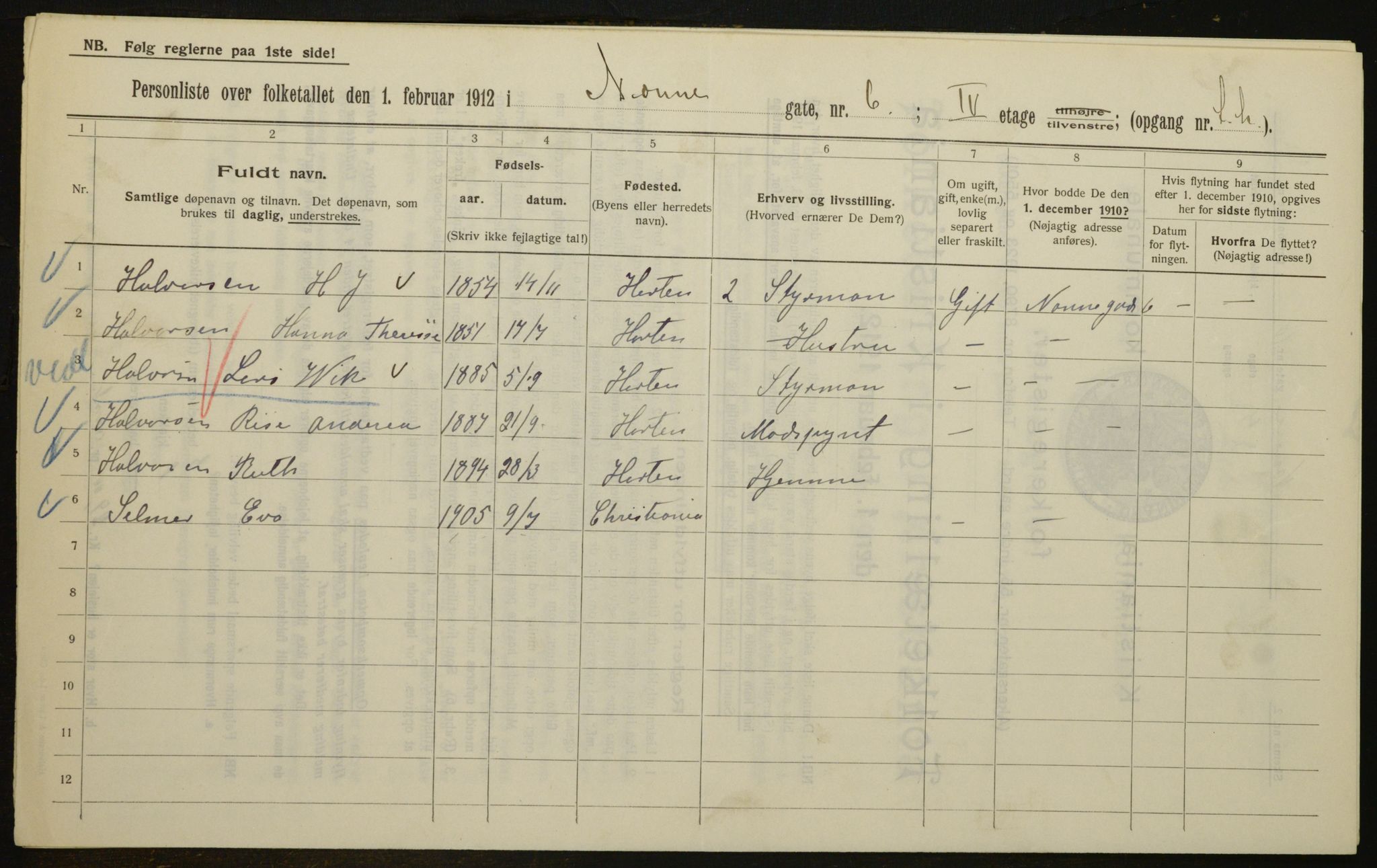 OBA, Kommunal folketelling 1.2.1912 for Kristiania, 1912, s. 72001