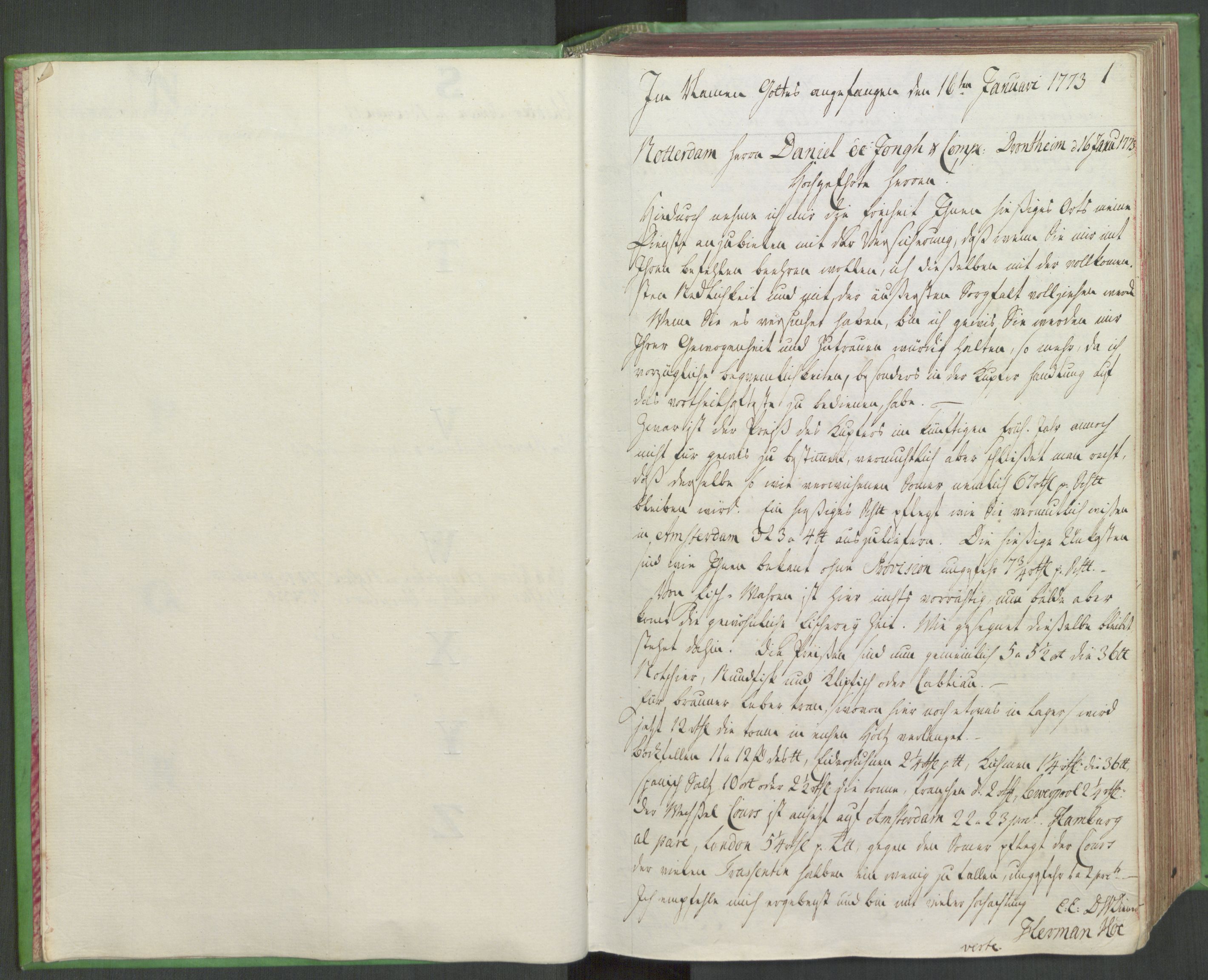 Hoë, Herman & Co, AV/SAT-PA-0280/11/L0001: Kopibok, utenriks, 1773-1776, s. 1