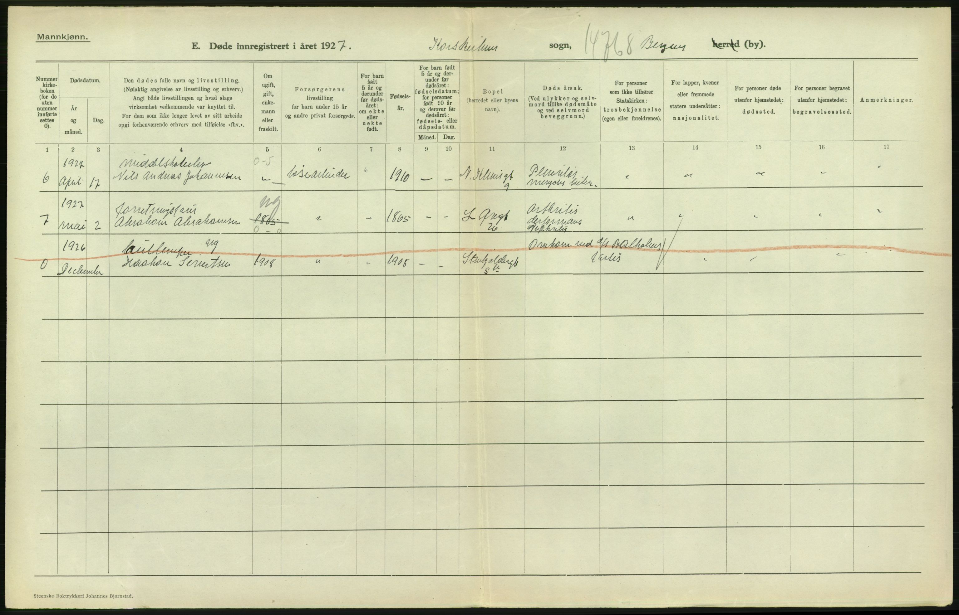 Statistisk sentralbyrå, Sosiodemografiske emner, Befolkning, AV/RA-S-2228/D/Df/Dfc/Dfcg/L0028: Bergen: Gifte, døde., 1927, s. 728