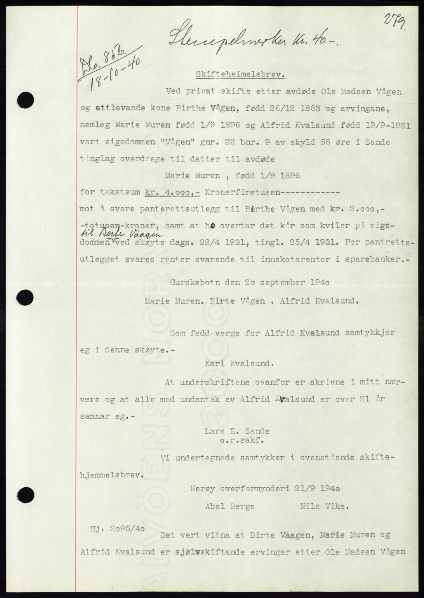 Søre Sunnmøre sorenskriveri, SAT/A-4122/1/2/2C/L0070: Pantebok nr. 64, 1940-1941, Dagboknr: 856/1940