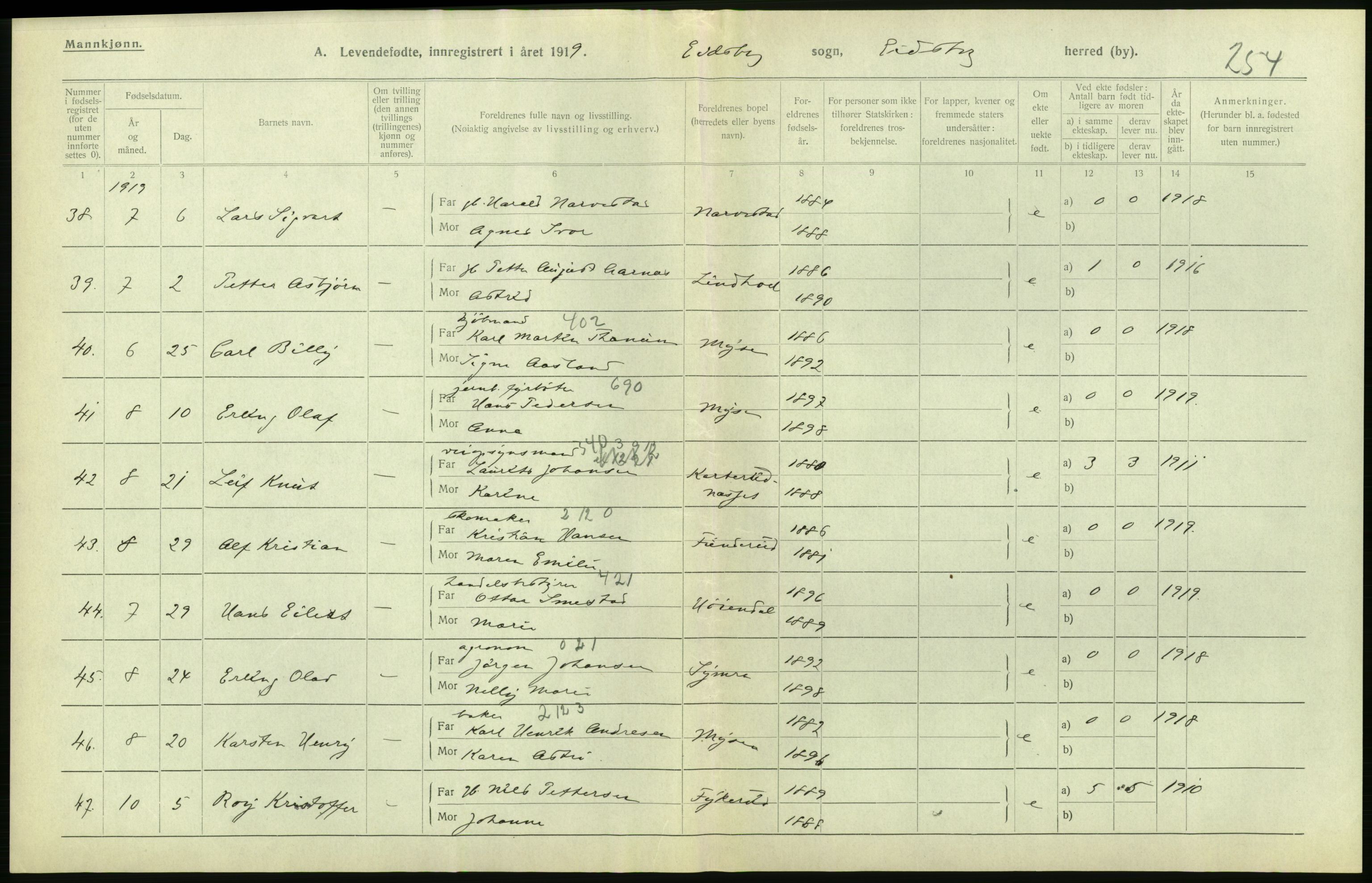 Statistisk sentralbyrå, Sosiodemografiske emner, Befolkning, RA/S-2228/D/Df/Dfb/Dfbi/L0001: Østfold fylke: Levendefødte menn og kvinner. Bygder., 1919, s. 556