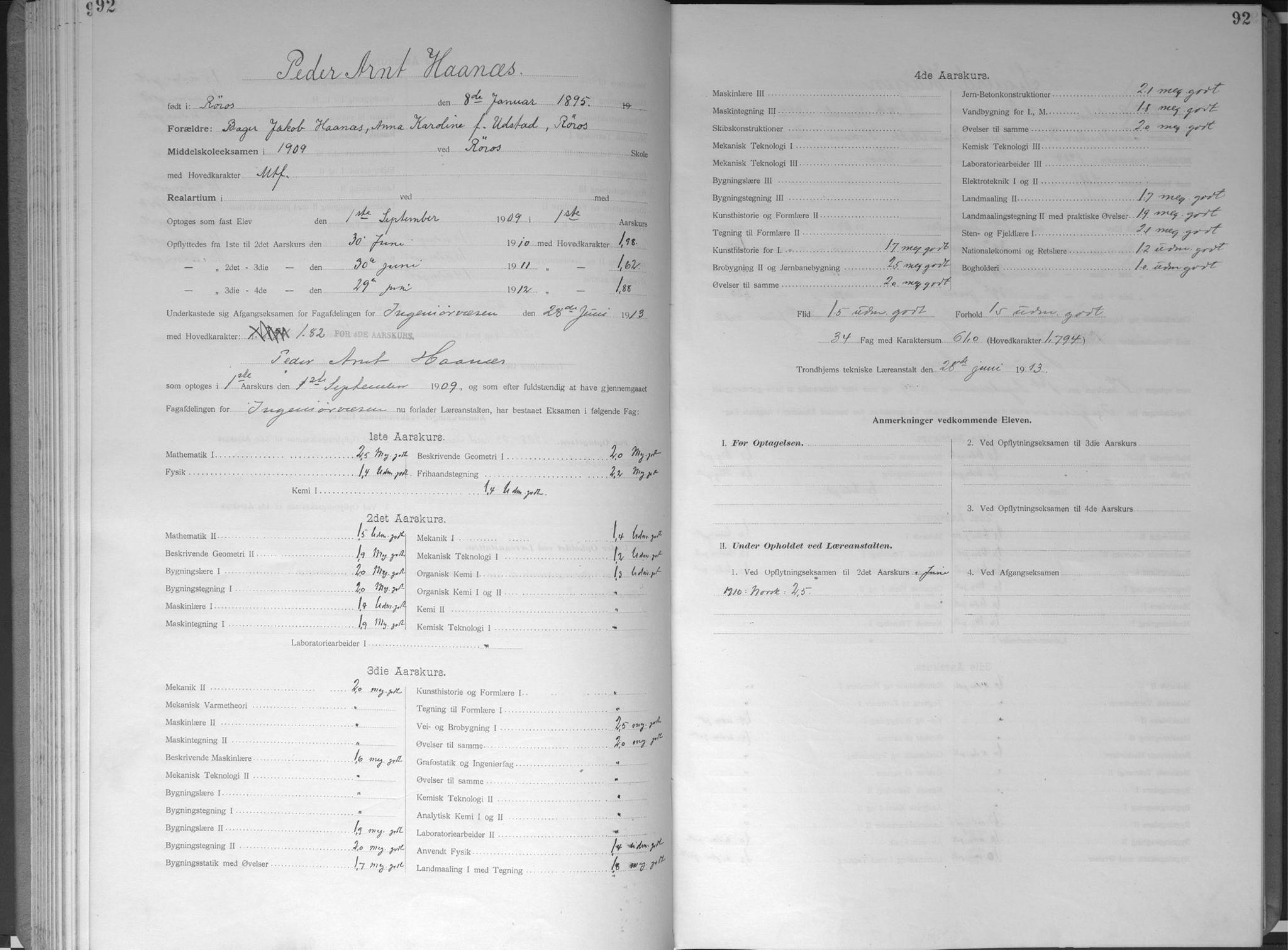 Trondhjems tekniske læreanstalt, SAT/A-1622/G/Ga/L0049: Karakterprotokoll, faste elever, 1907-1912