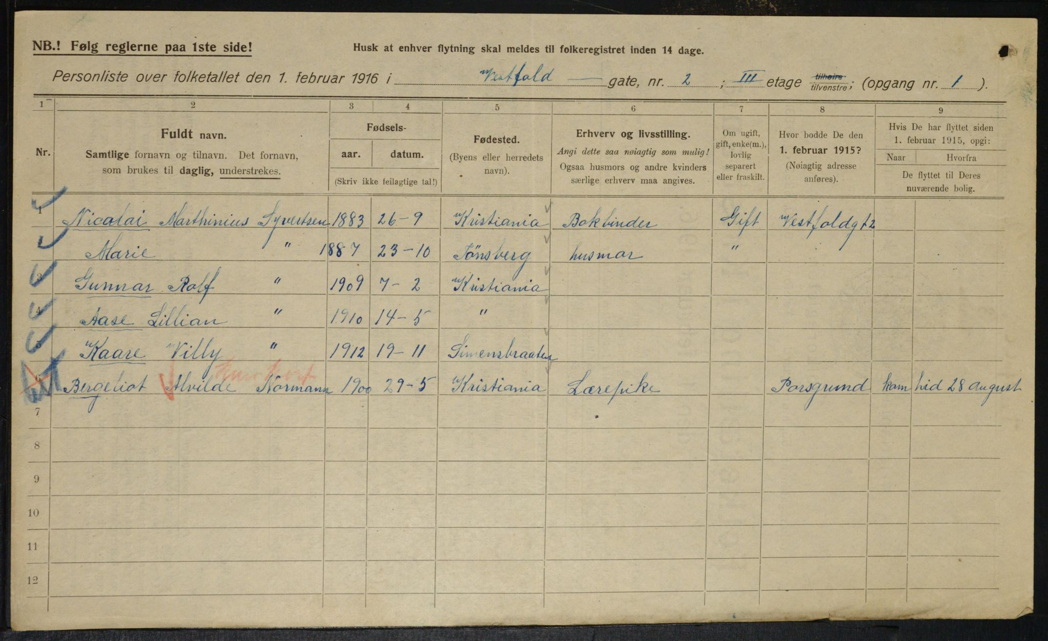 OBA, Kommunal folketelling 1.2.1916 for Kristiania, 1916, s. 126160