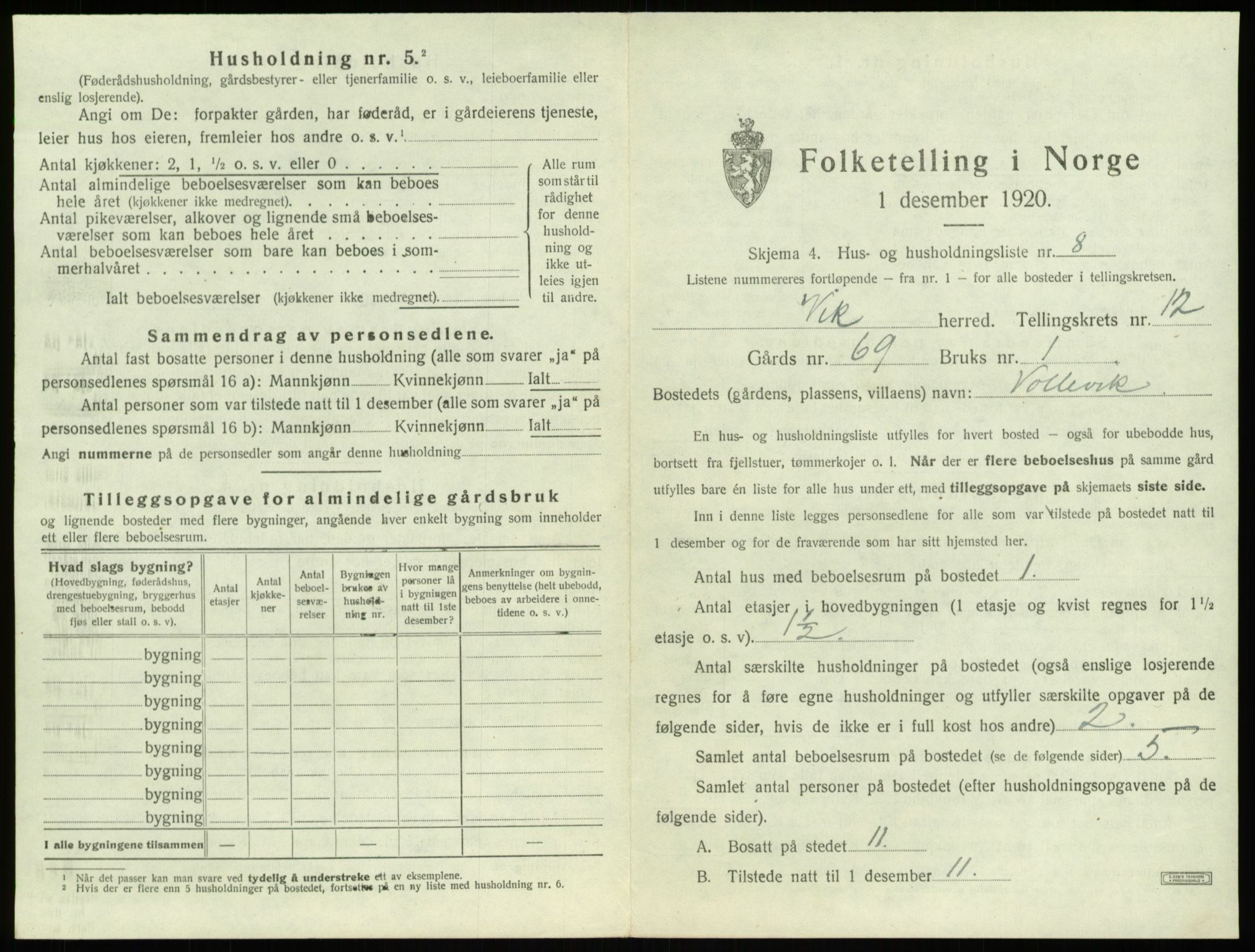 SAB, Folketelling 1920 for 1417 Vik herred, 1920, s. 1101