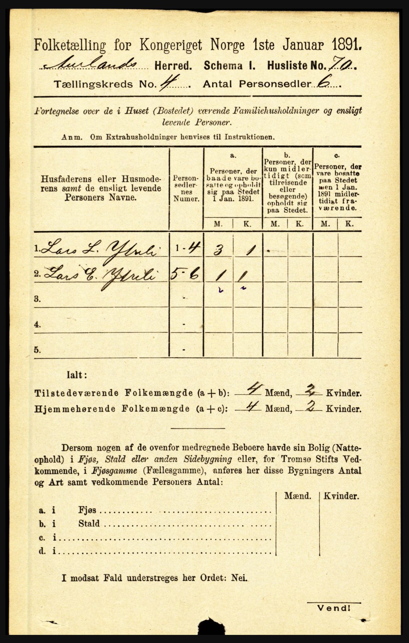 RA, Folketelling 1891 for 1421 Aurland herred, 1891, s. 1354