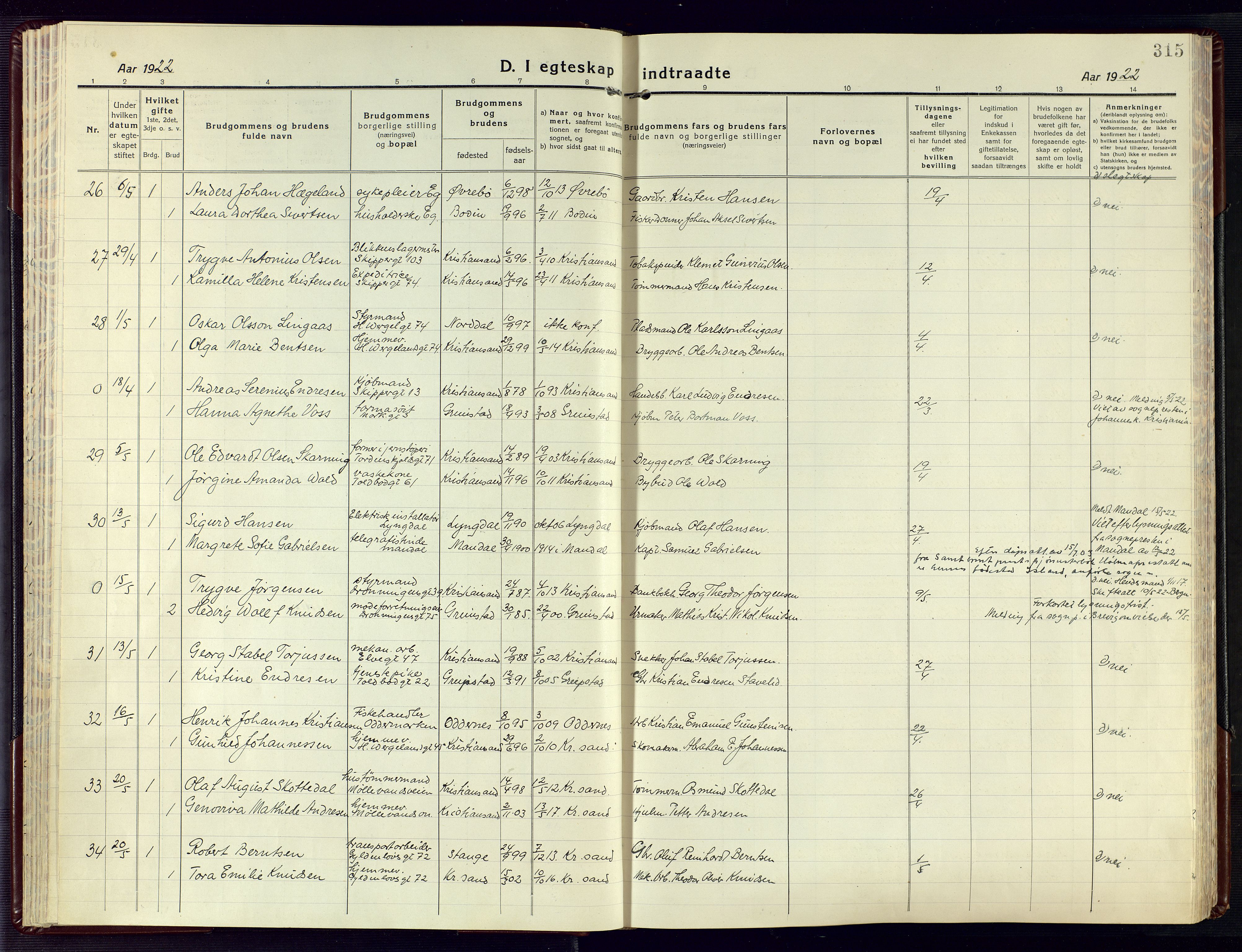 Kristiansand domprosti, AV/SAK-1112-0006/F/Fa/L0028: Ministerialbok nr. A 27, 1917-1926, s. 315
