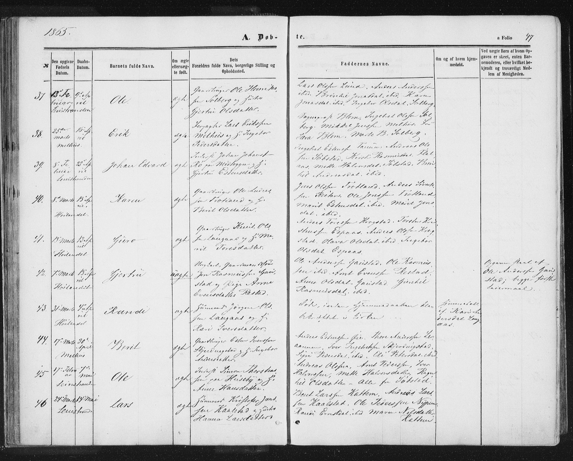 Ministerialprotokoller, klokkerbøker og fødselsregistre - Sør-Trøndelag, SAT/A-1456/691/L1077: Ministerialbok nr. 691A09, 1862-1873, s. 47