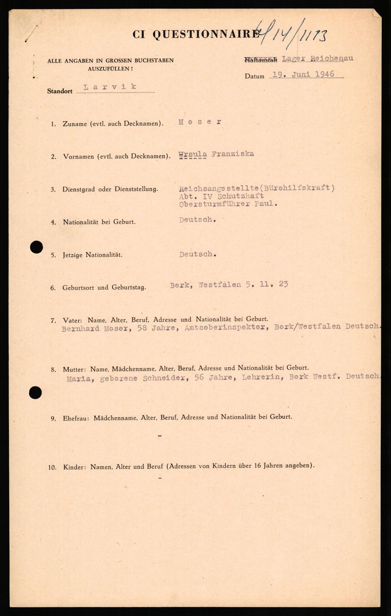 Forsvaret, Forsvarets overkommando II, RA/RAFA-3915/D/Db/L0022: CI Questionaires. Tyske okkupasjonsstyrker i Norge. Tyskere., 1945-1946, s. 366