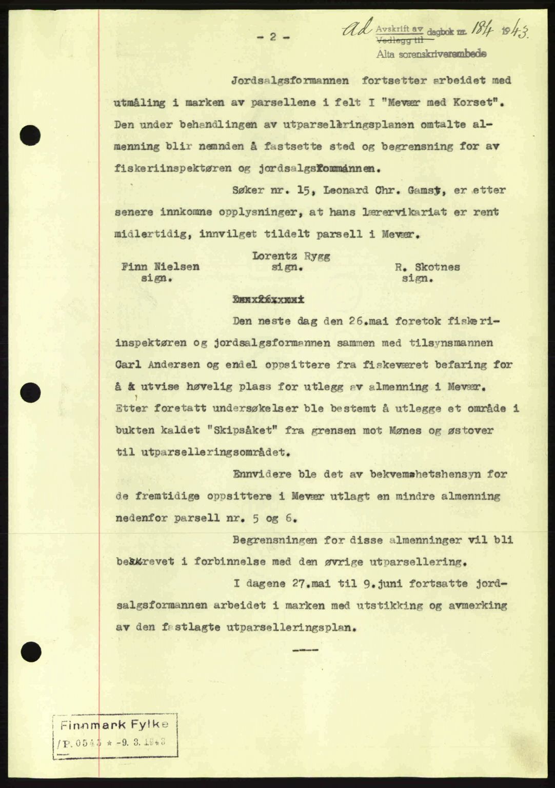 Alta fogderi/sorenskriveri, SATØ/SATØ-5/1/K/Kd/L0033pantebok: Pantebok nr. 33, 1940-1943, Dagboknr: 184/1943