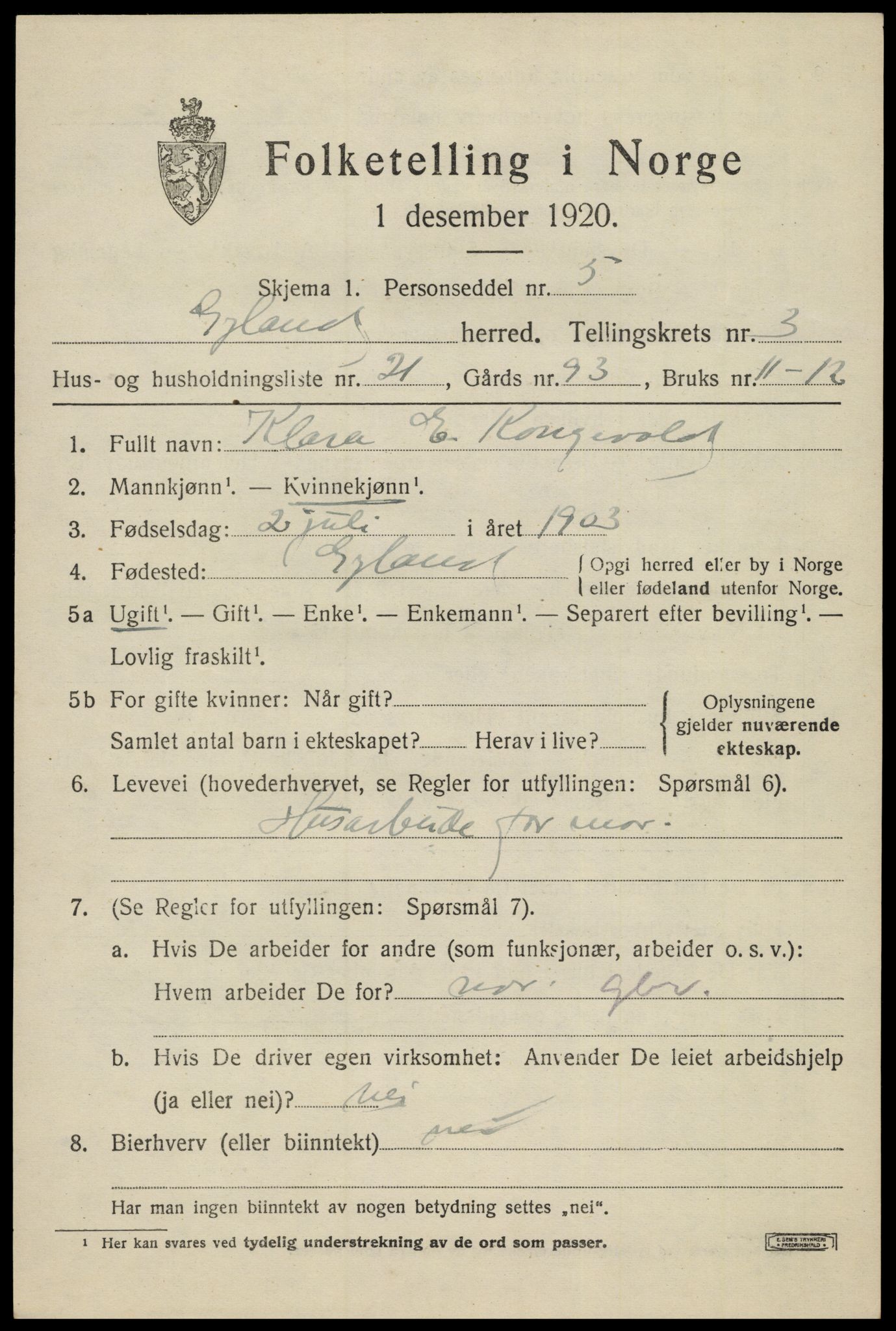 SAK, Folketelling 1920 for 1044 Gyland herred, 1920, s. 1010