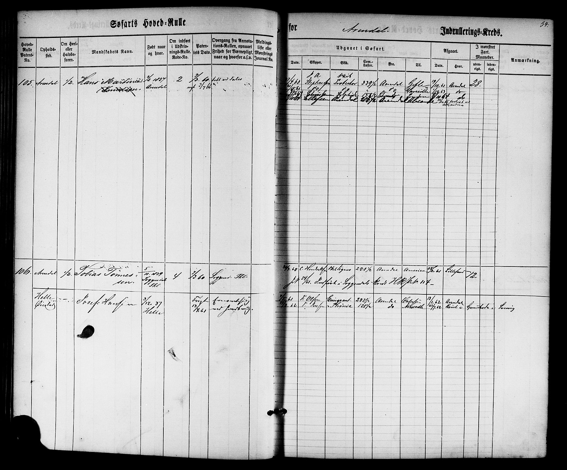 Arendal mønstringskrets, AV/SAK-2031-0012/F/Fb/L0001: Hovedrulle nr 1-766 uten register, E-2, 1860-1868, s. 55