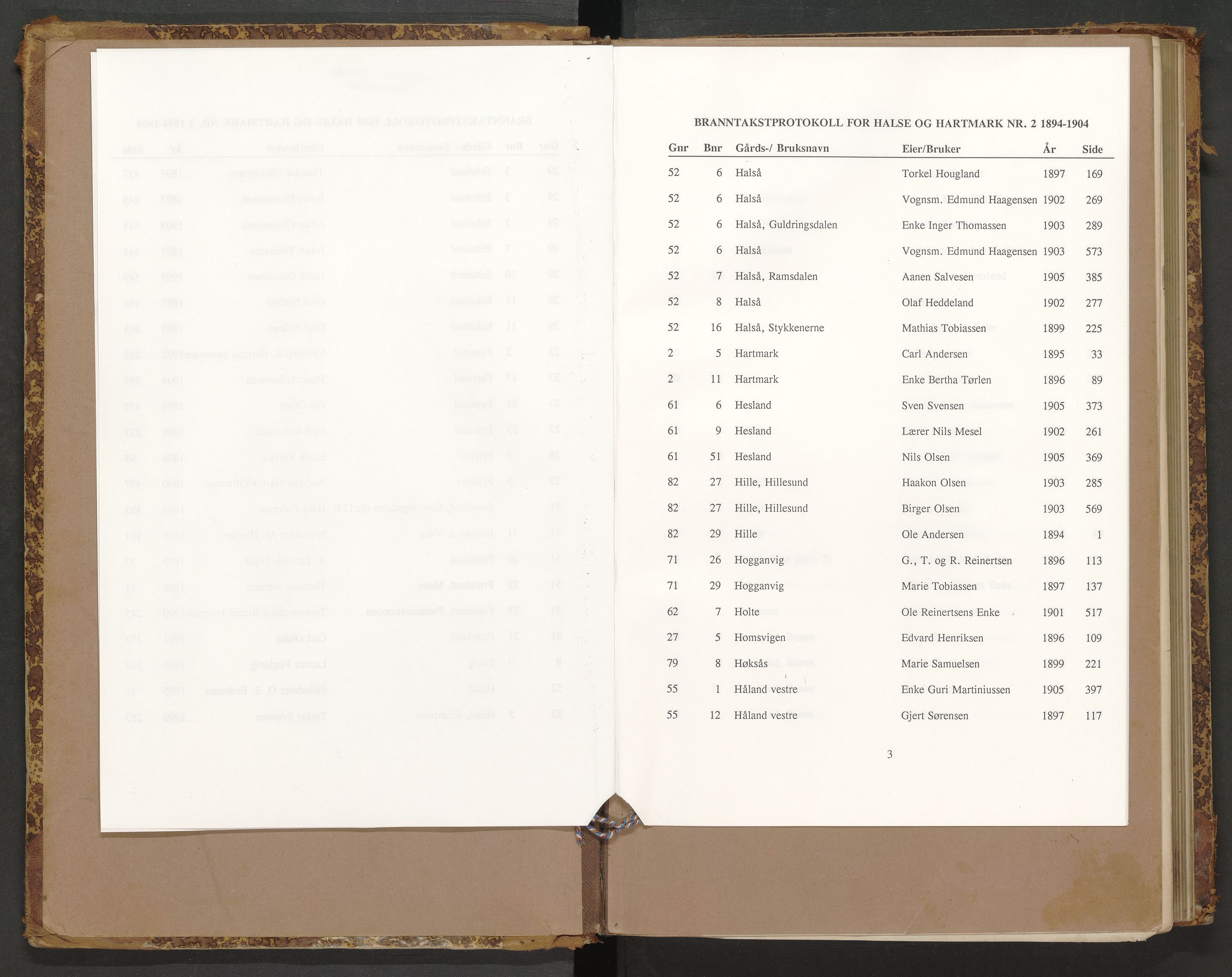 Norges Brannkasse Halse og Harkmark, AV/SAK-2241-0020/F/Fa/L0002: Branntakstprotokoll nr. 2 med gårdsnavnregister, 1894-1904