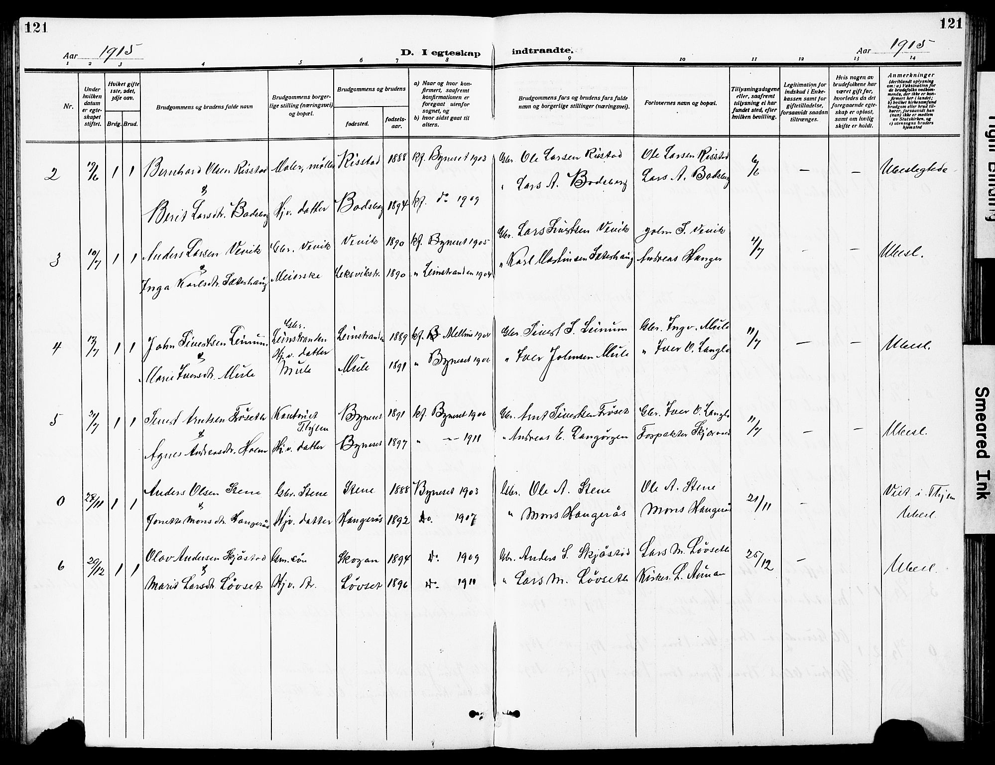 Ministerialprotokoller, klokkerbøker og fødselsregistre - Sør-Trøndelag, AV/SAT-A-1456/612/L0388: Klokkerbok nr. 612C04, 1909-1929, s. 121
