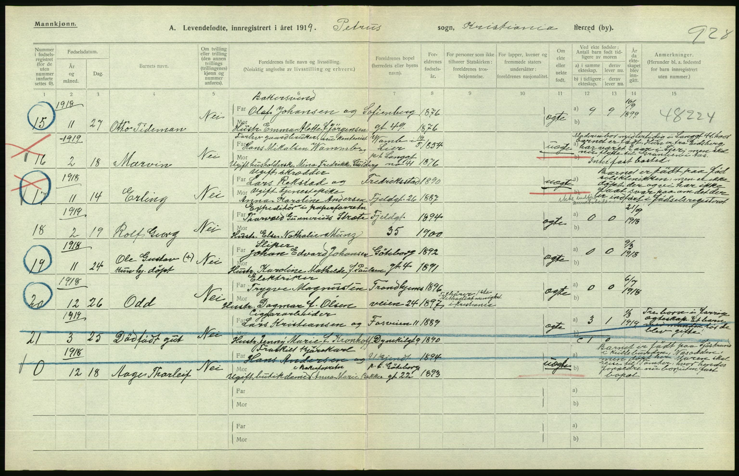 Statistisk sentralbyrå, Sosiodemografiske emner, Befolkning, AV/RA-S-2228/D/Df/Dfb/Dfbi/L0008: Kristiania: Levendefødte menn og kvinner., 1919