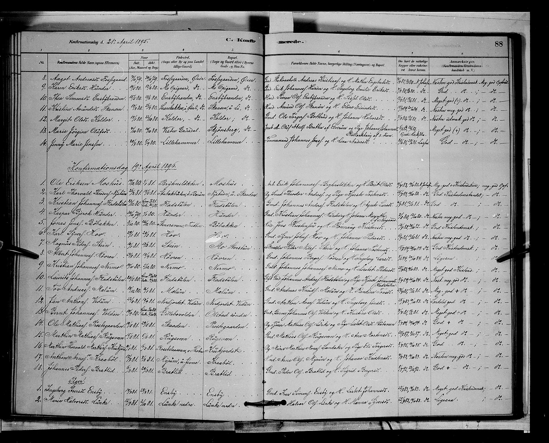 Øyer prestekontor, AV/SAH-PREST-084/H/Ha/Hab/L0002: Klokkerbok nr. 2, 1878-1896, s. 88
