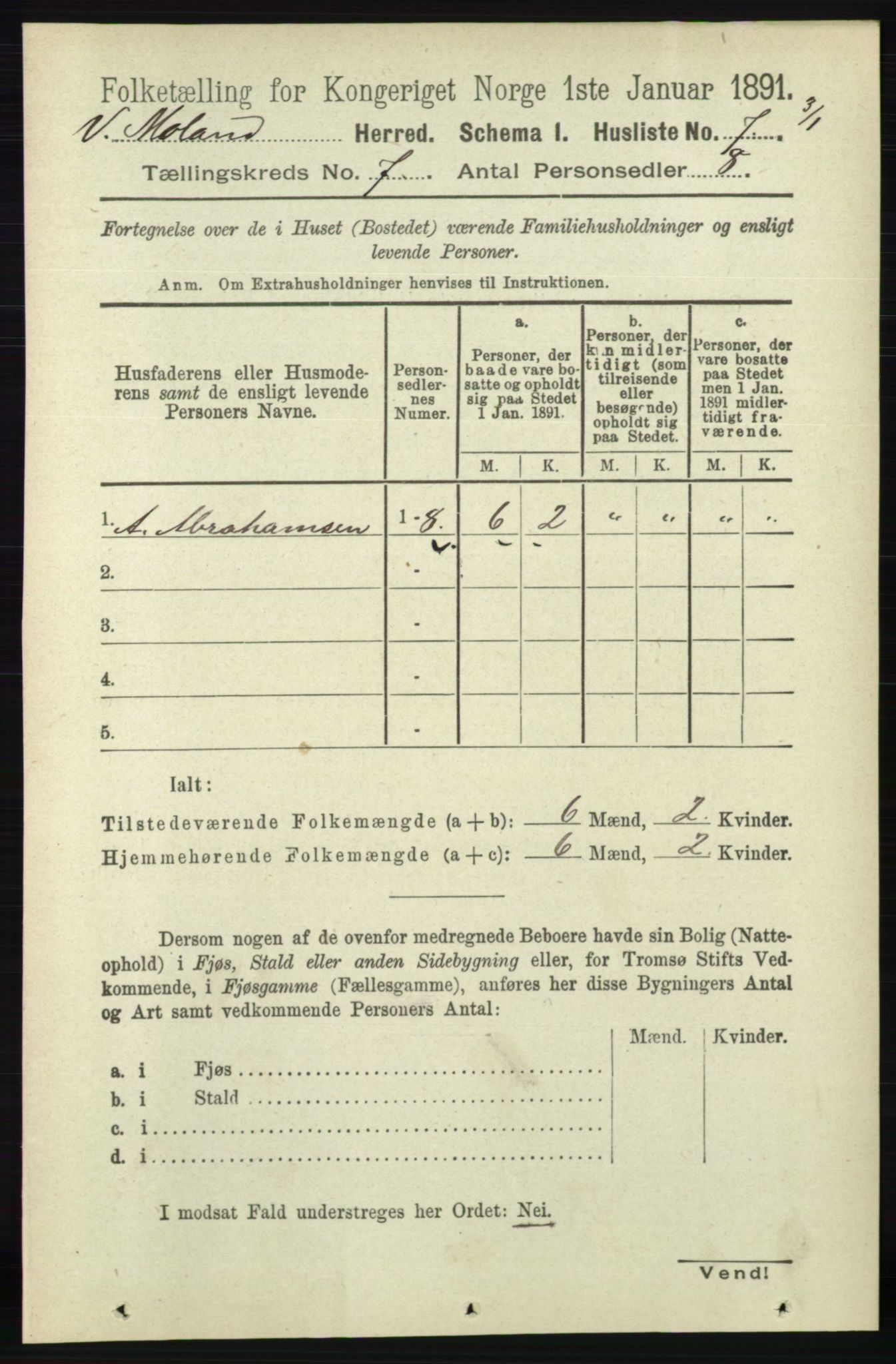 RA, Folketelling 1891 for 0926 Vestre Moland herred, 1891, s. 2766