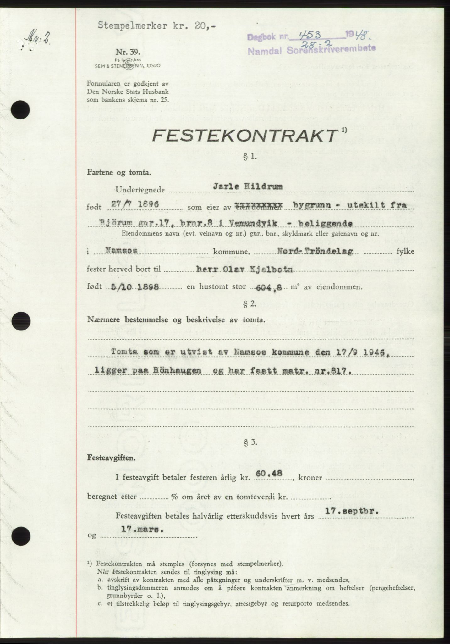 Namdal sorenskriveri, SAT/A-4133/1/2/2C: Pantebok nr. -, 1947-1948, Dagboknr: 453/1948