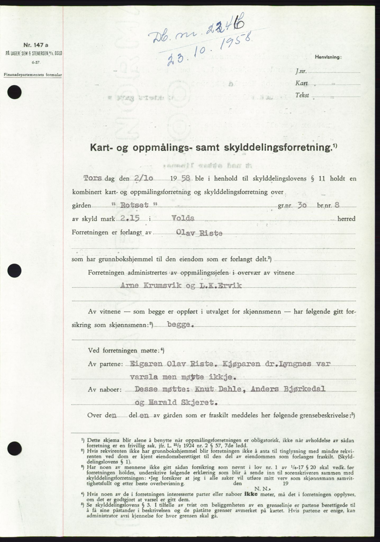 Søre Sunnmøre sorenskriveri, AV/SAT-A-4122/1/2/2C/L0110: Pantebok nr. 36A, 1958-1958, Dagboknr: 2246/1958