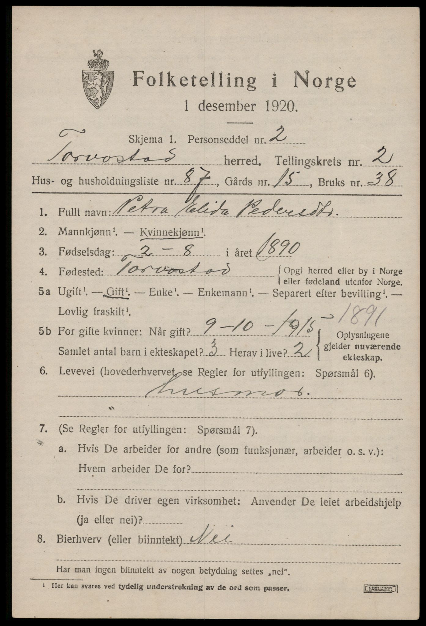 SAST, Folketelling 1920 for 1152 Torvastad herred, 1920, s. 2904