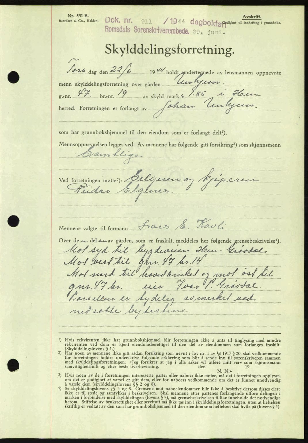 Romsdal sorenskriveri, AV/SAT-A-4149/1/2/2C: Pantebok nr. A16, 1944-1944, Dagboknr: 911/1944