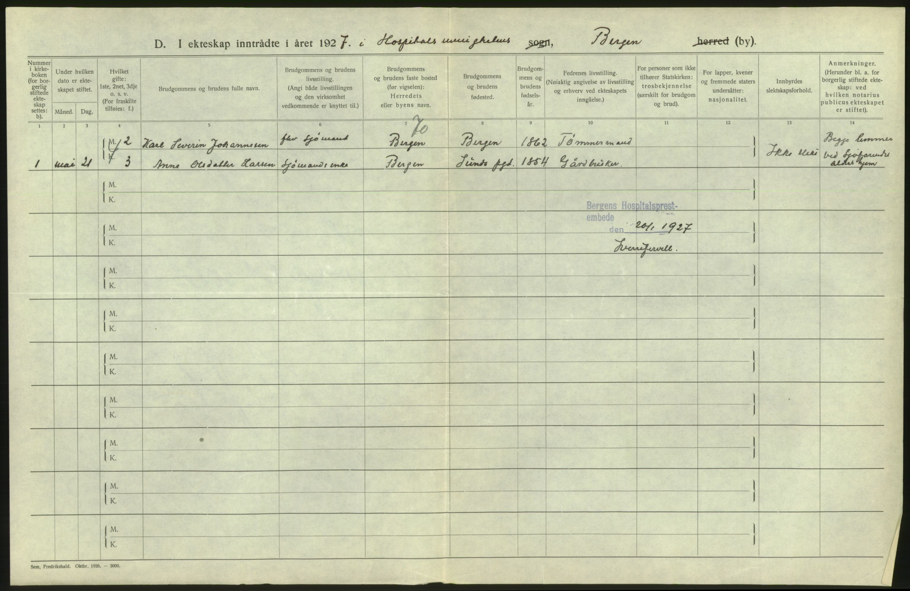 Statistisk sentralbyrå, Sosiodemografiske emner, Befolkning, RA/S-2228/D/Df/Dfc/Dfcf/L0028: Bergen: Gifte, døde, dødfødte., 1926, s. 20