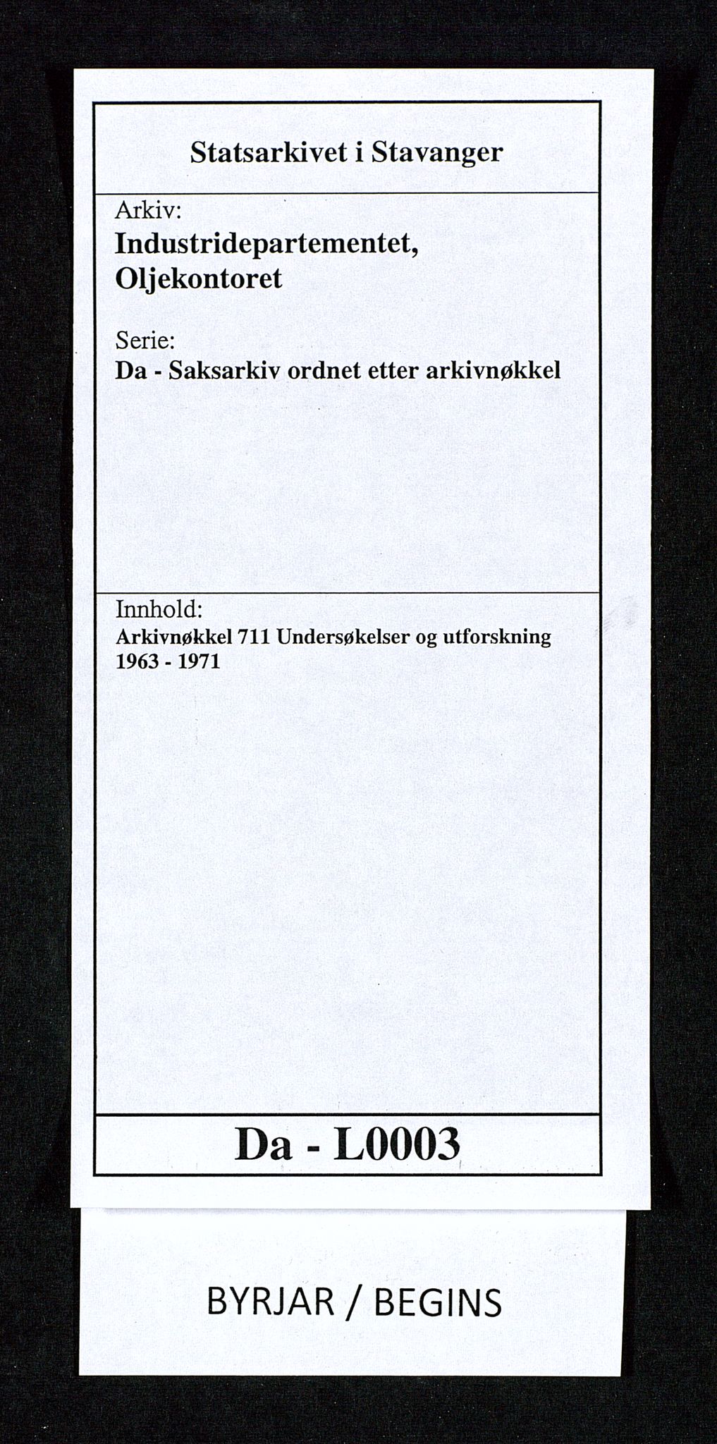 Industridepartementet, Oljekontoret, SAST/A-101348/Da/L0003: Arkivnøkkel 711 Undersøkelser og utforskning, 1963-1971, s. 1