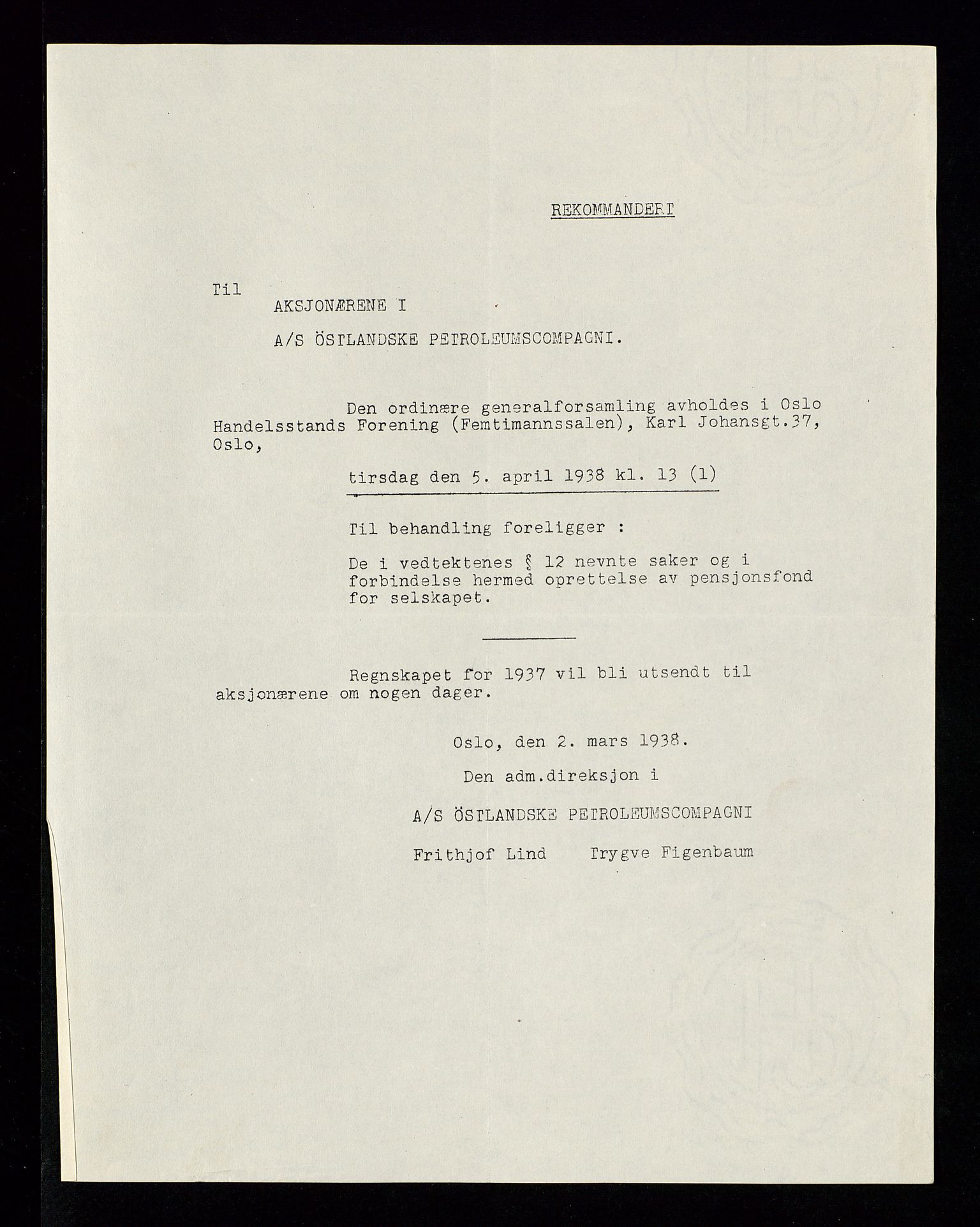 PA 1534 - Østlandske Petroleumscompagni A/S, AV/SAST-A-101954/A/Aa/L0002/0008: Generalforsamlinger. / Generalforsamling, 1938, s. 2