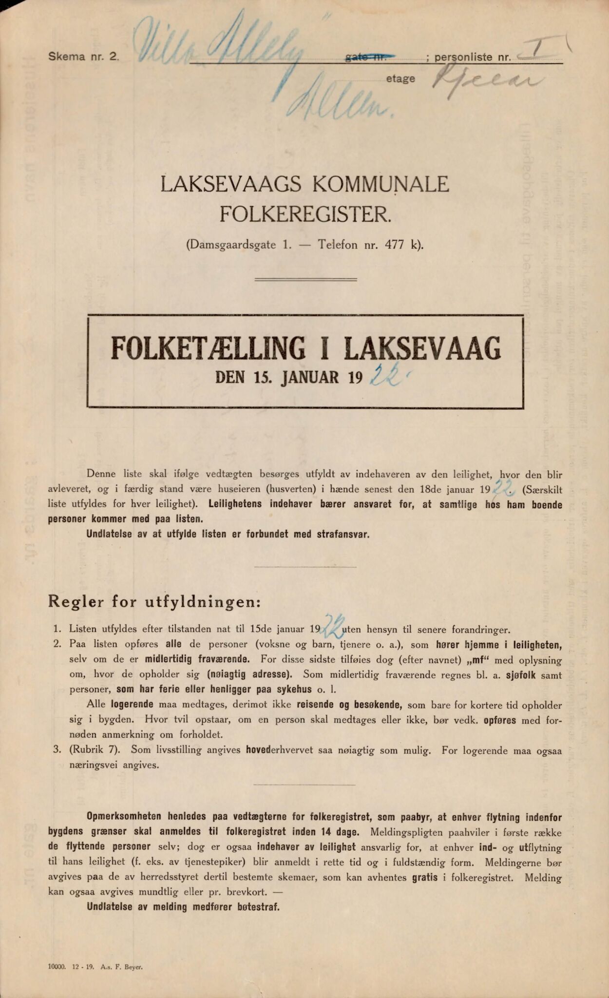 Laksevåg kommune. Folkeregisteret, BBA/A-1586/E/Ea/L0006: Folketellingskjema 1922, 1922