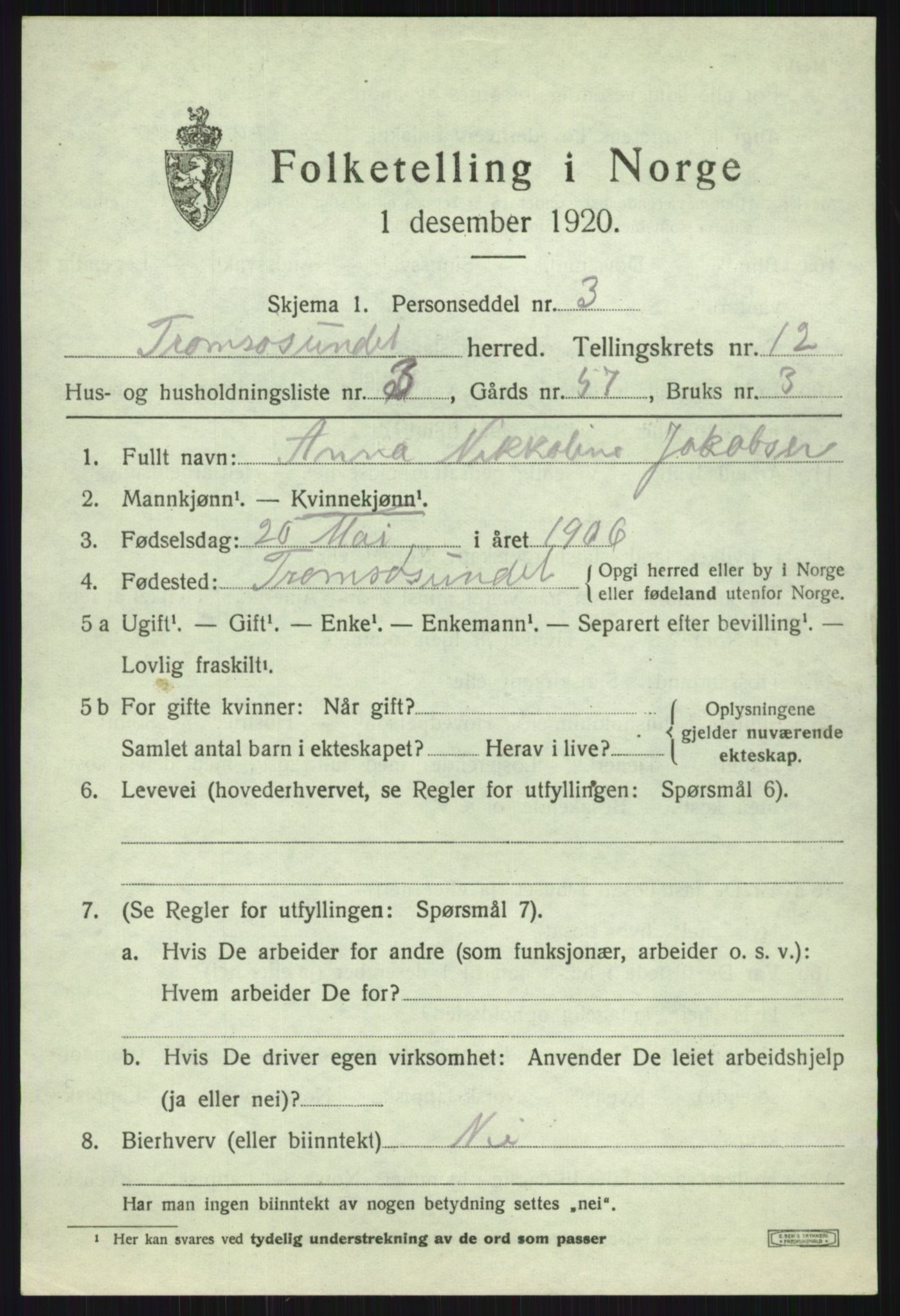 SATØ, Folketelling 1920 for 1934 Tromsøysund herred, 1920, s. 7618