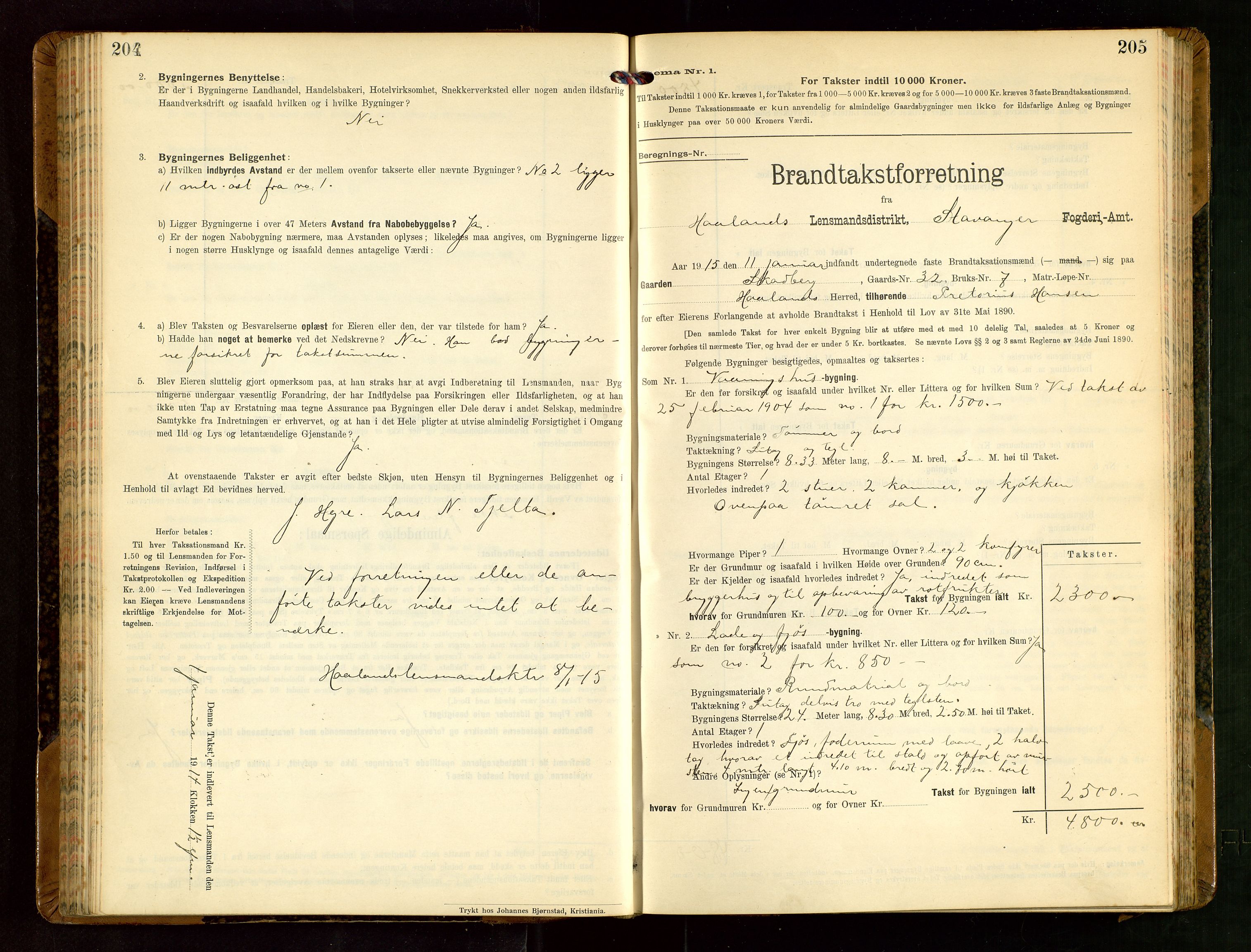 Håland lensmannskontor, SAST/A-100100/Gob/L0004: Branntakstprotokoll - skjematakst. Register i boken., 1913-1915, s. 204-205