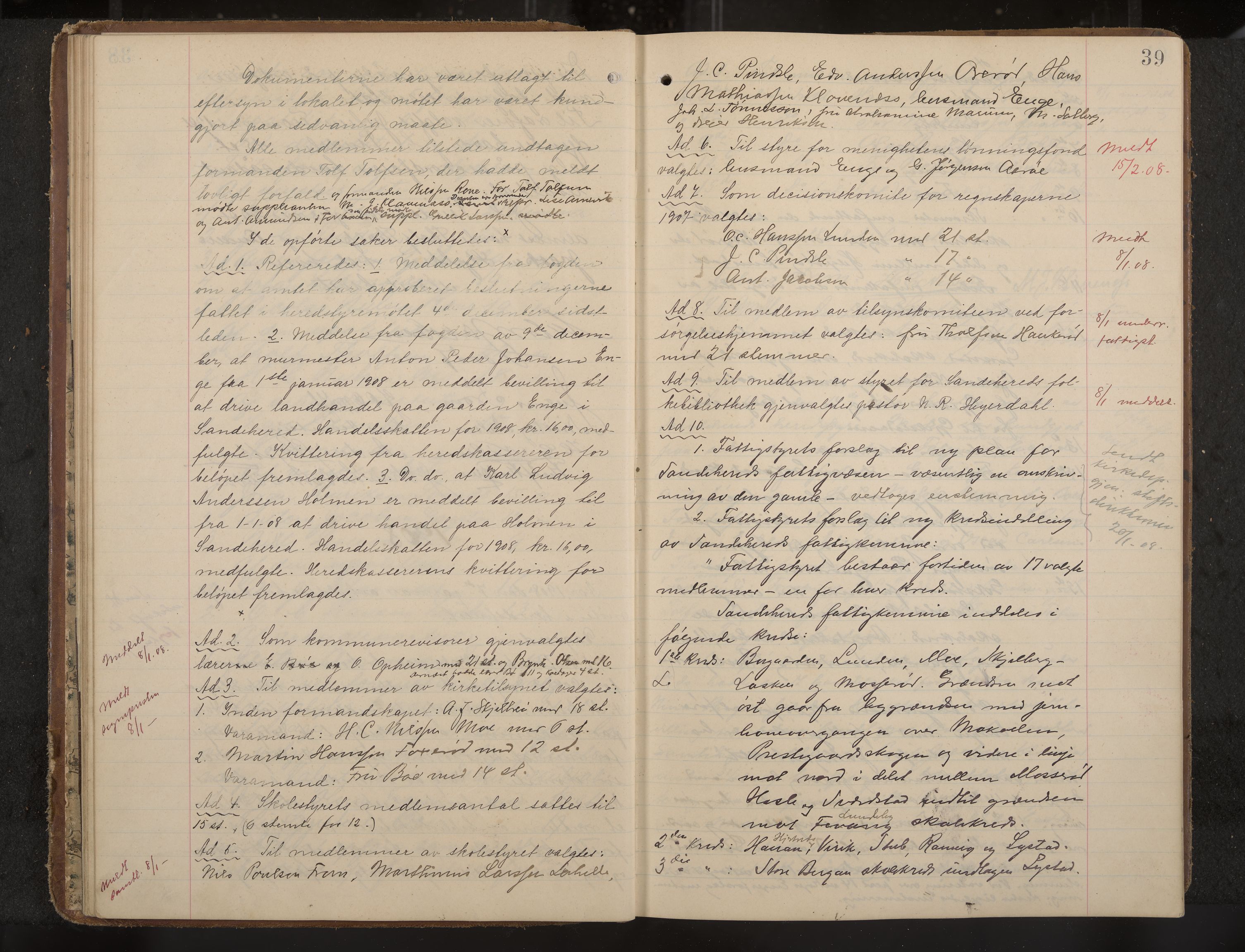 Sandar formannskap og sentraladministrasjon, IKAK/0724021/A/Aa/L0004: Møtebok med register, 1907-1914, s. 39