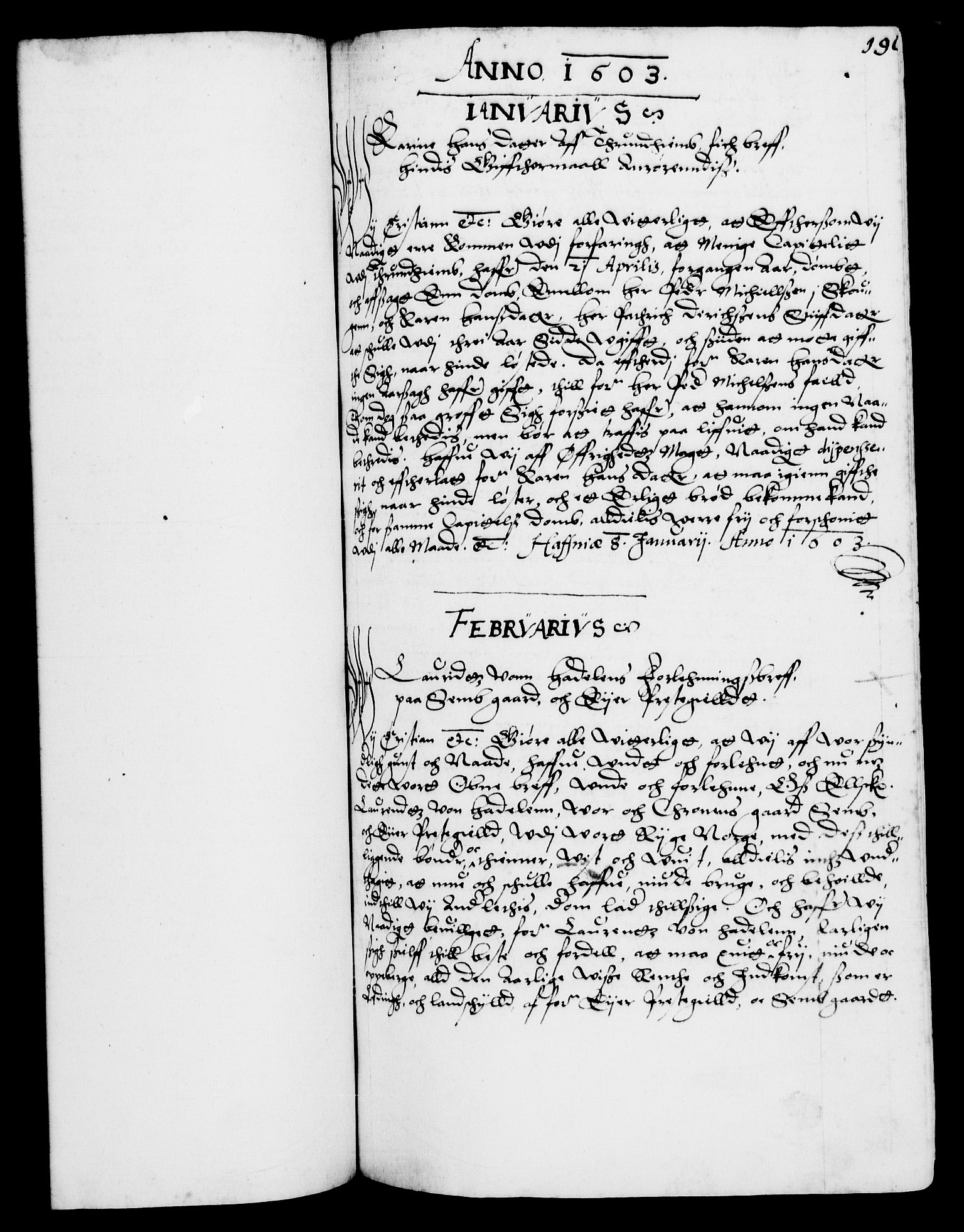 Danske Kanselli 1572-1799, RA/EA-3023/F/Fc/Fca/Fcaa/L0003: Norske registre (mikrofilm), 1596-1616, s. 190a