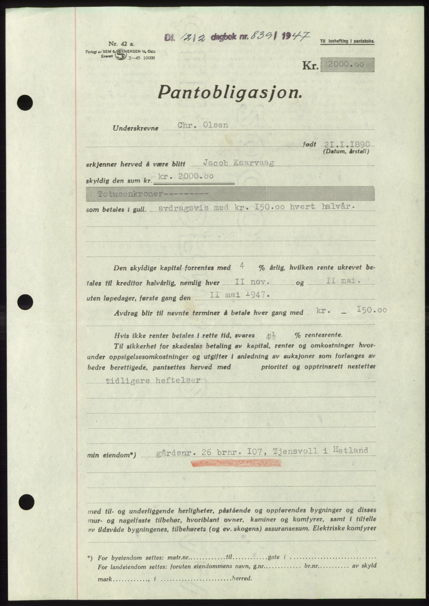 Jæren sorenskriveri, SAST/A-100310/03/G/Gba/L0093: Pantebok, 1947-1947, Dagboknr: 839/1947