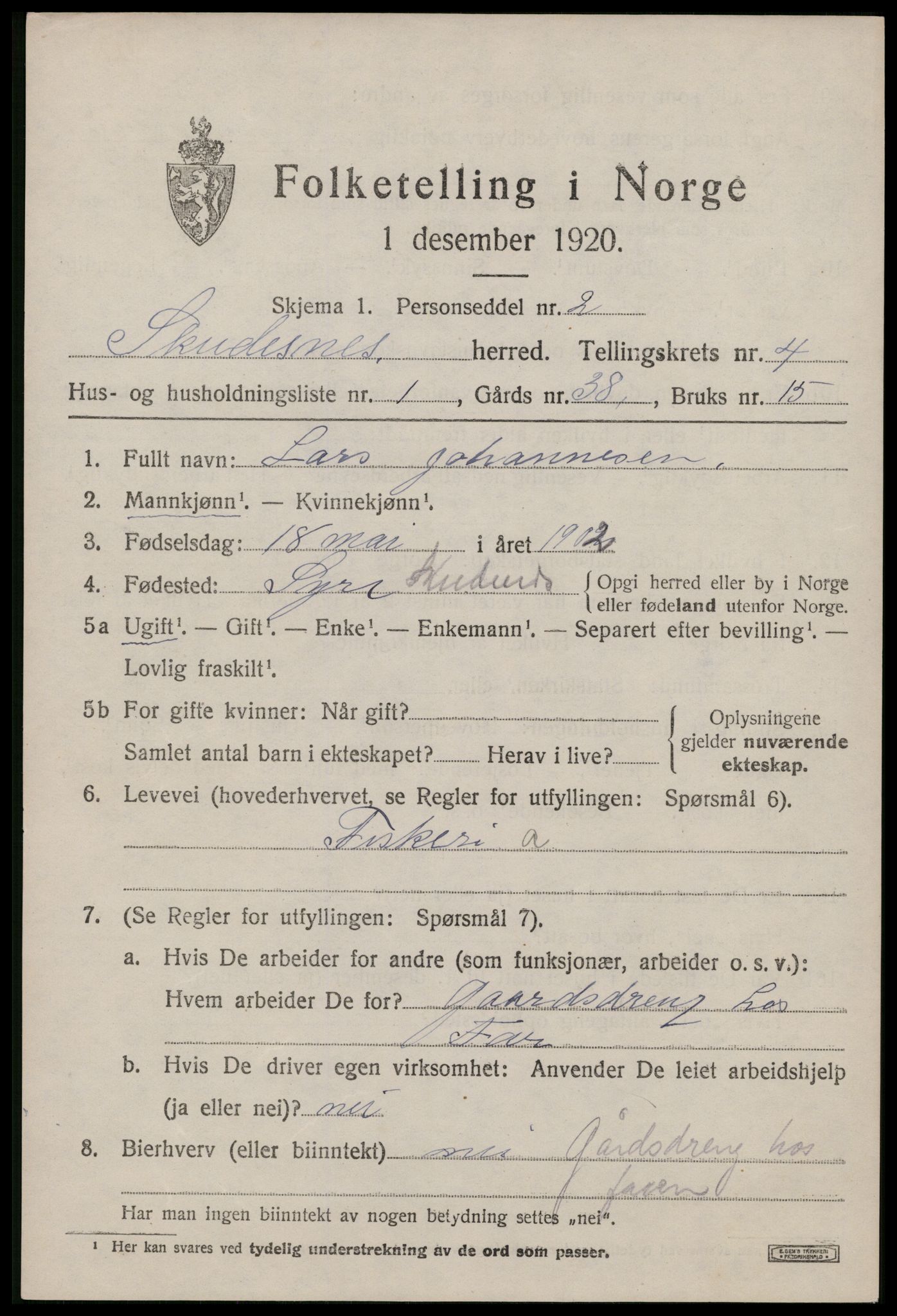 SAST, Folketelling 1920 for 1150 Skudenes herred, 1920, s. 3384