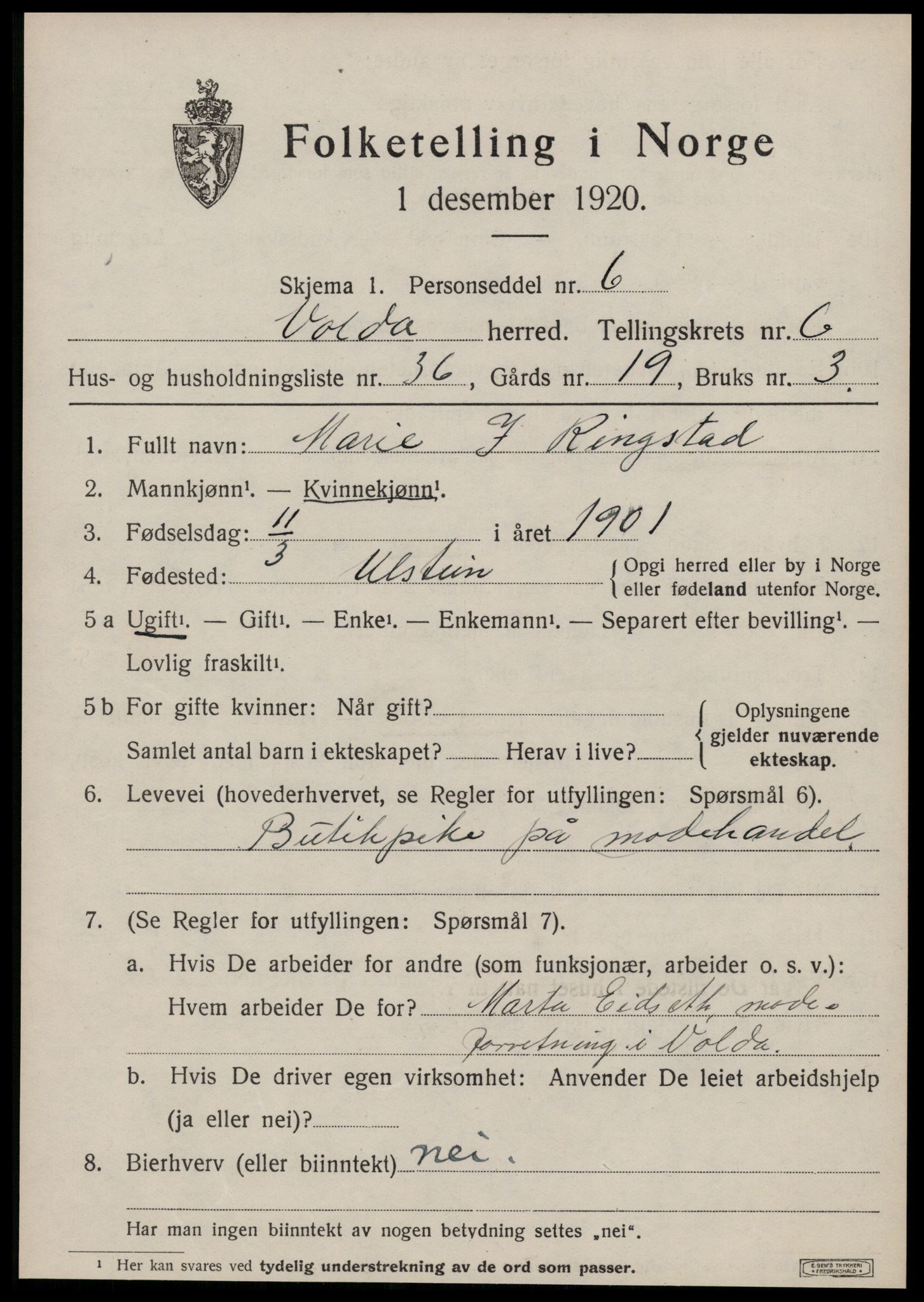 SAT, Folketelling 1920 for 1519 Volda herred, 1920, s. 5634