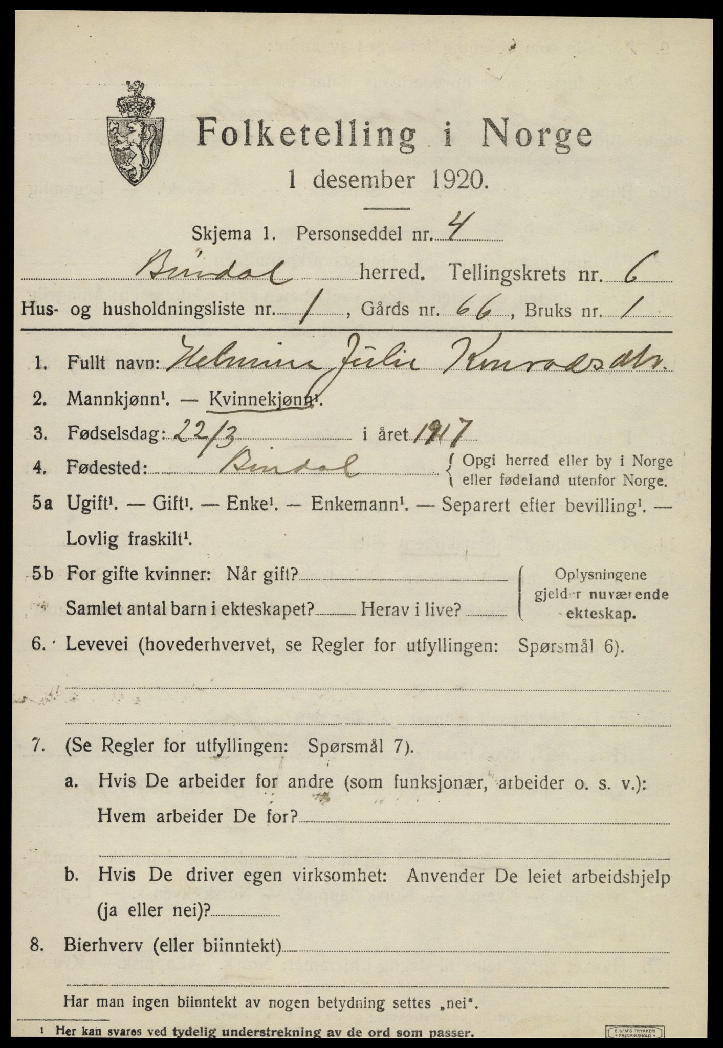 SAT, Folketelling 1920 for 1811 Bindal herred, 1920, s. 4763