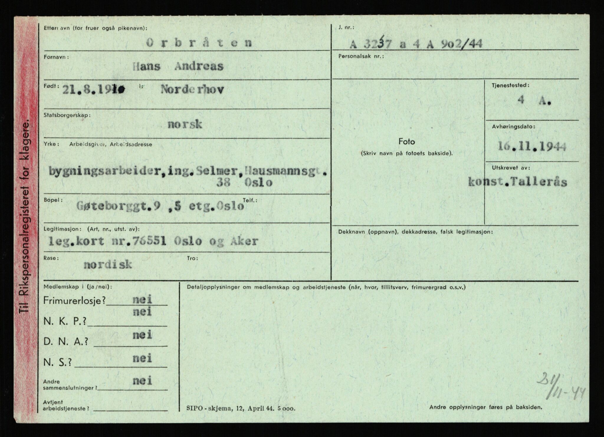 Statspolitiet - Hovedkontoret / Osloavdelingen, AV/RA-S-1329/C/Ca/L0012: Oanæs - Quistgaard	, 1943-1945, s. 2233