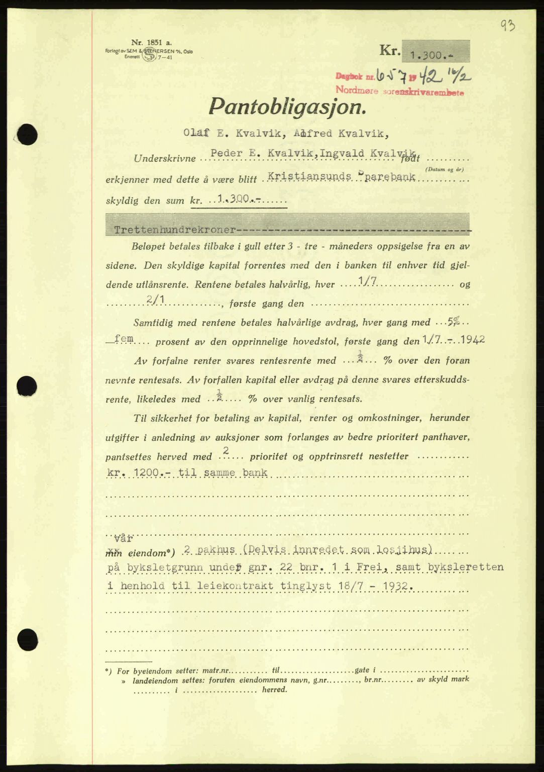 Nordmøre sorenskriveri, AV/SAT-A-4132/1/2/2Ca: Pantebok nr. B89, 1942-1942, Dagboknr: 657/1942