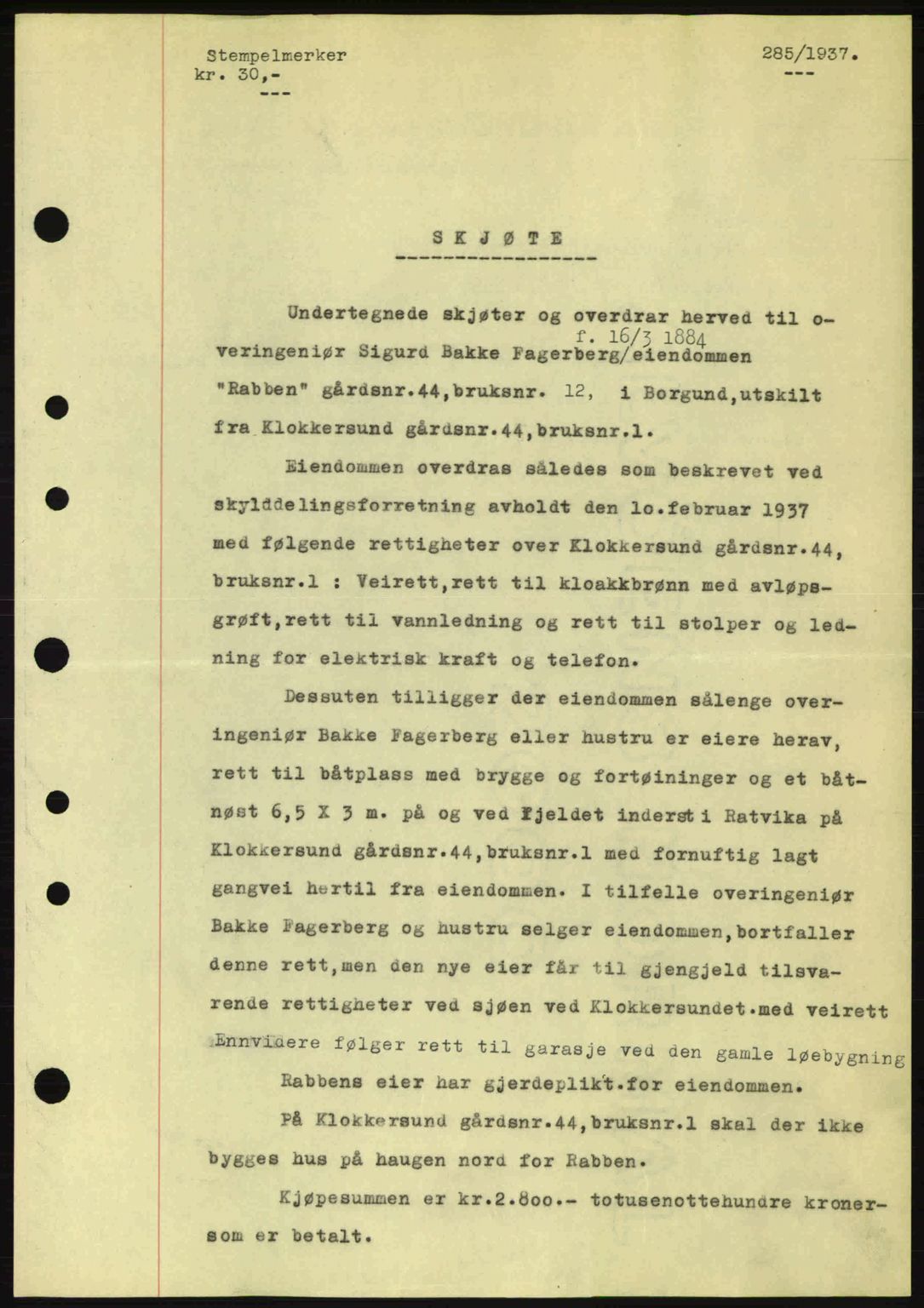 Nordre Sunnmøre sorenskriveri, SAT/A-0006/1/2/2C/2Ca: Pantebok nr. A2, 1936-1937, Dagboknr: 285/1937