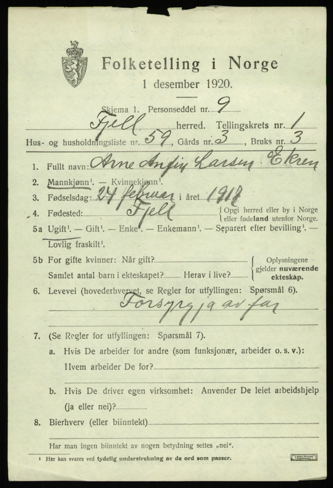 SAB, Folketelling 1920 for 1246 Fjell herred, 1920, s. 2250