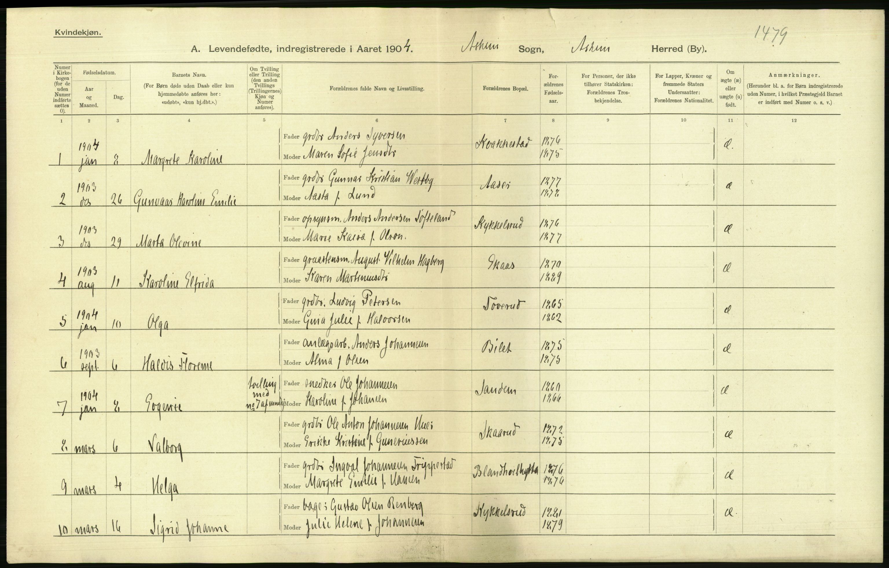 Statistisk sentralbyrå, Sosiodemografiske emner, Befolkning, AV/RA-S-2228/D/Df/Dfa/Dfab/L0001: Smålenenes amt: Fødte, gifte, døde, 1904, s. 192