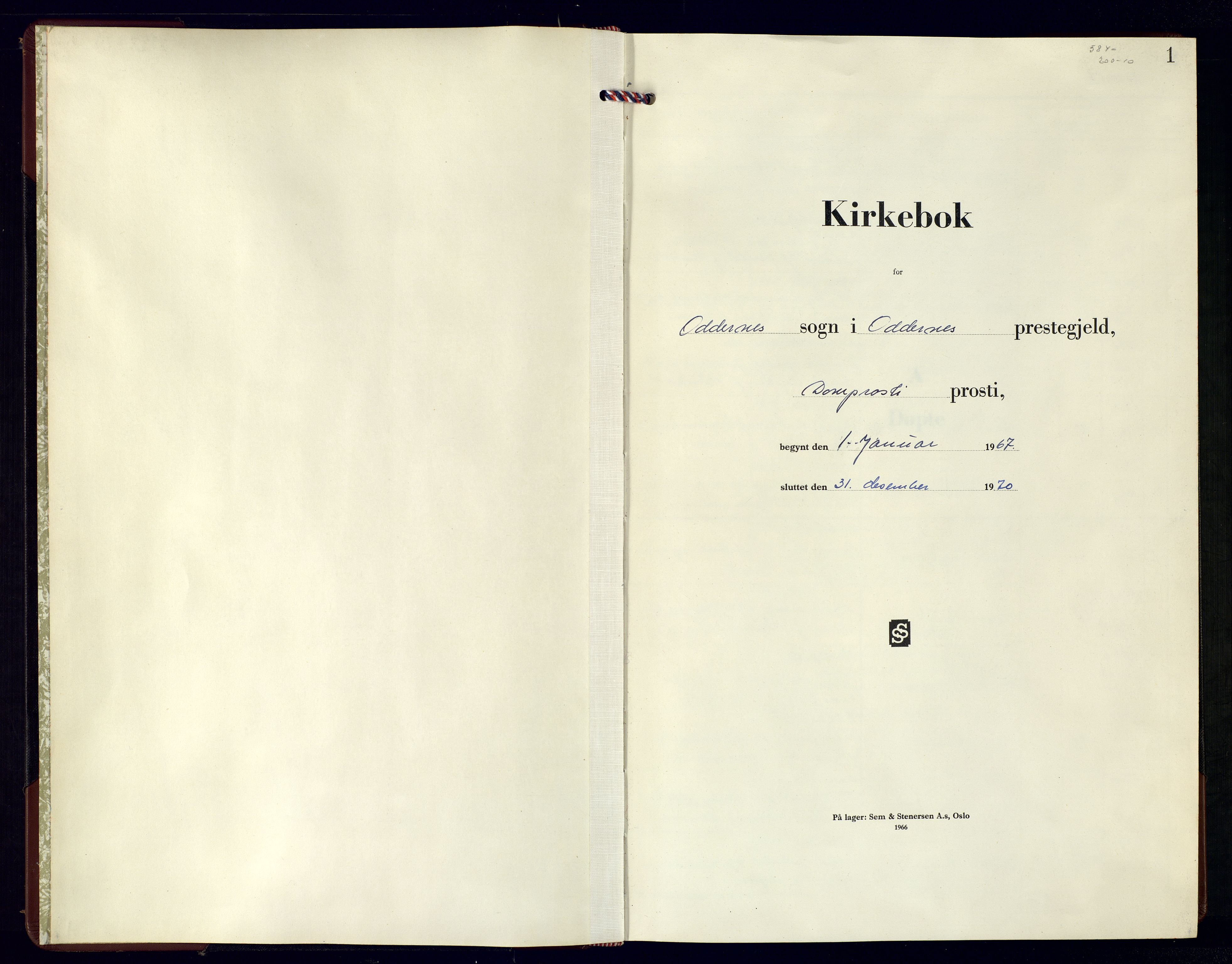 Oddernes sokneprestkontor, SAK/1111-0033/F/Fb/Fba/L0014: Klokkerbok nr. B-14, 1967-1969, s. 1