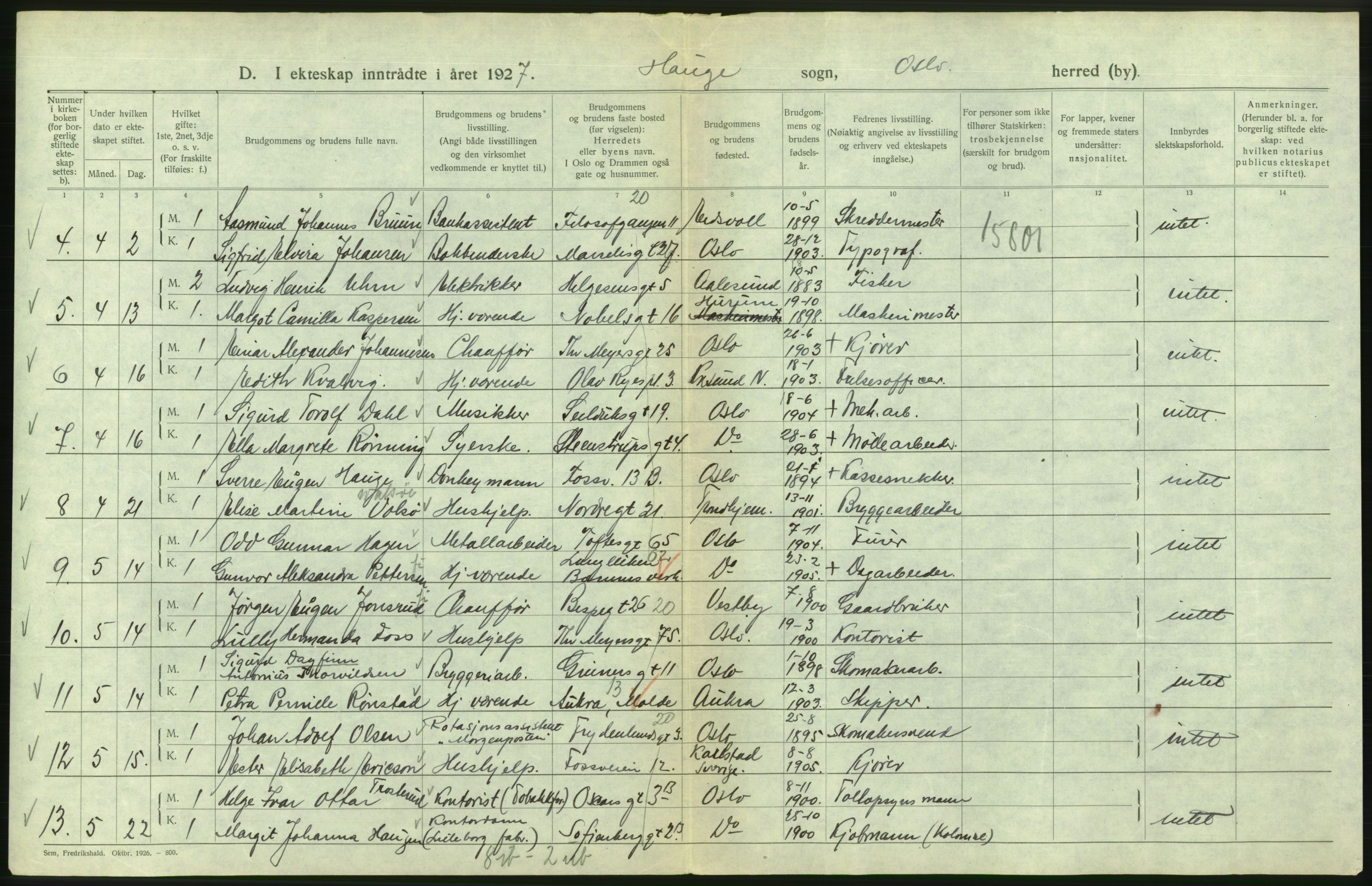 Statistisk sentralbyrå, Sosiodemografiske emner, Befolkning, AV/RA-S-2228/D/Df/Dfc/Dfcg/L0008: Oslo: Gifte, 1927, s. 746