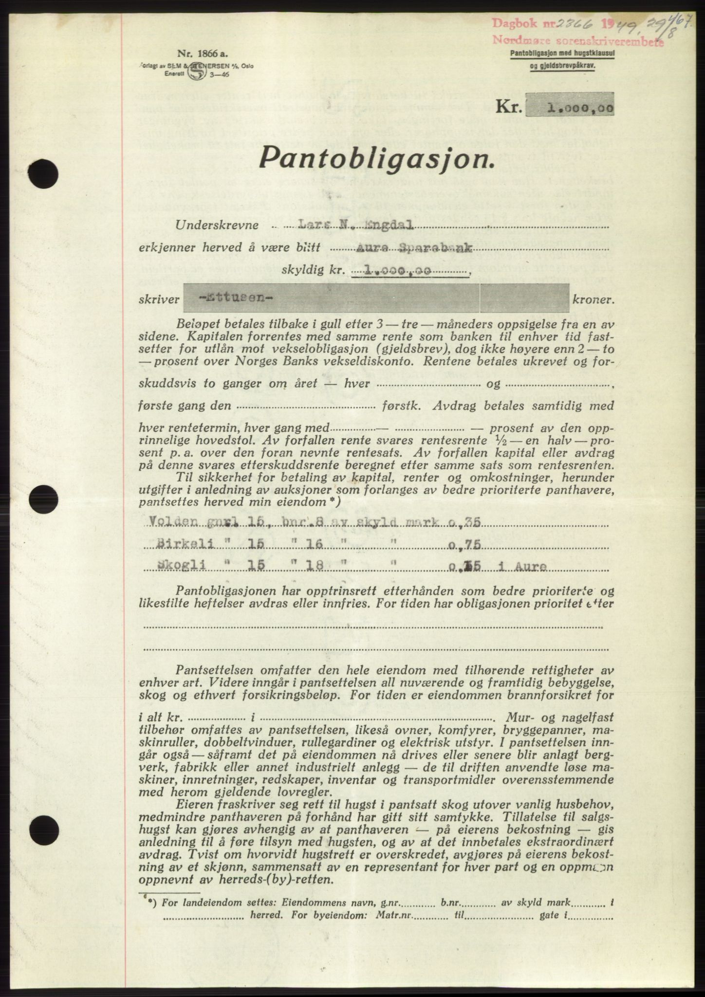 Nordmøre sorenskriveri, SAT/A-4132/1/2/2Ca: Pantebok nr. B102, 1949-1949, Dagboknr: 2366/1949