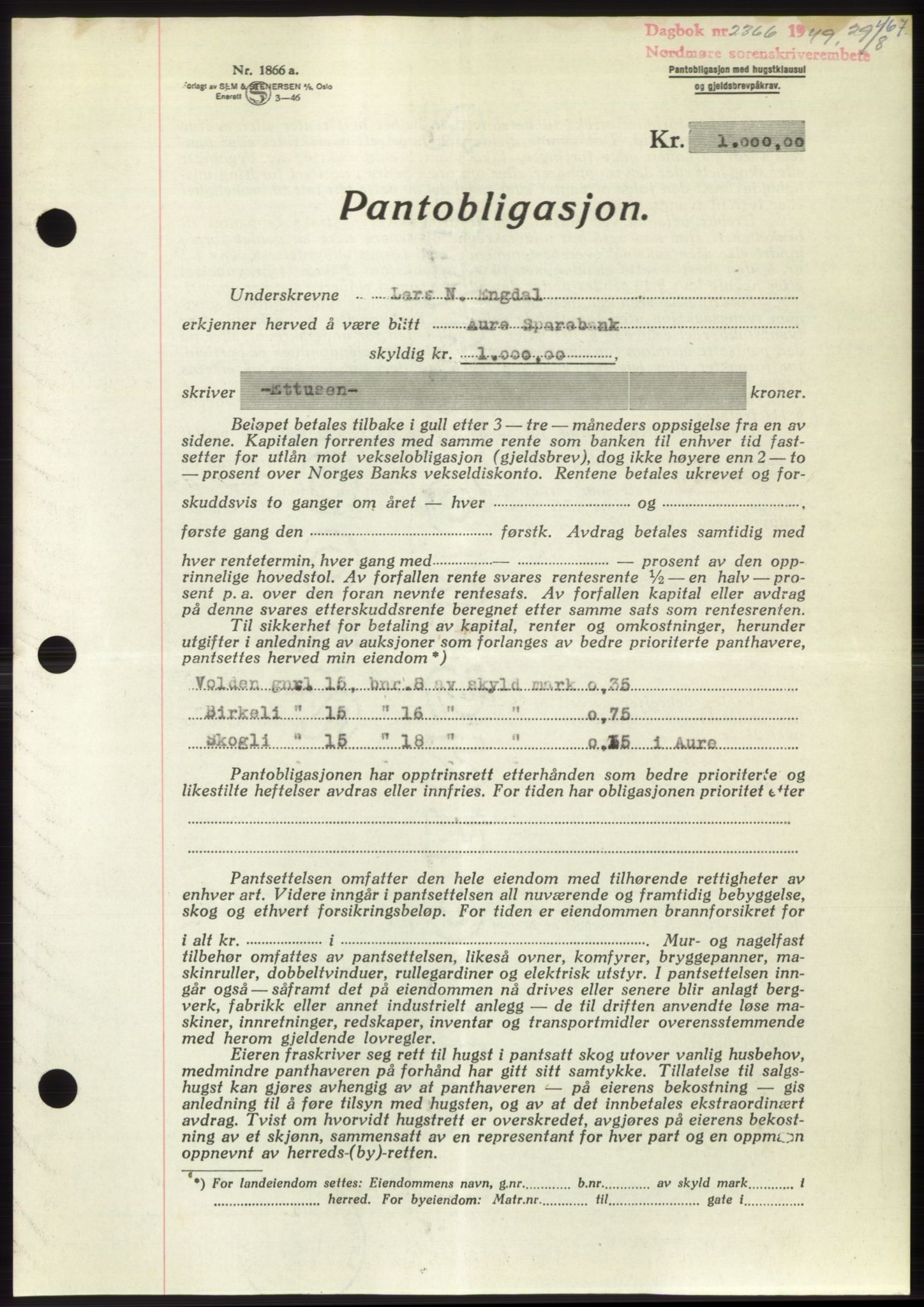 Nordmøre sorenskriveri, AV/SAT-A-4132/1/2/2Ca: Pantebok nr. B102, 1949-1949, Dagboknr: 2366/1949