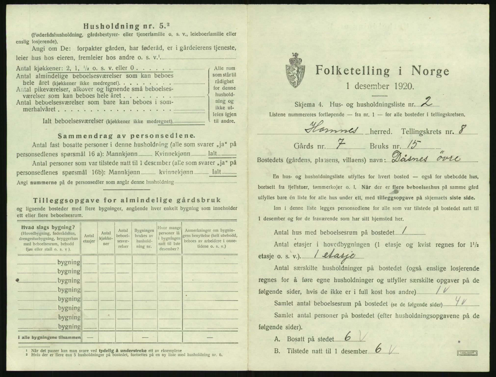 SAK, Folketelling 1920 for 0936 Hornnes herred, 1920, s. 289