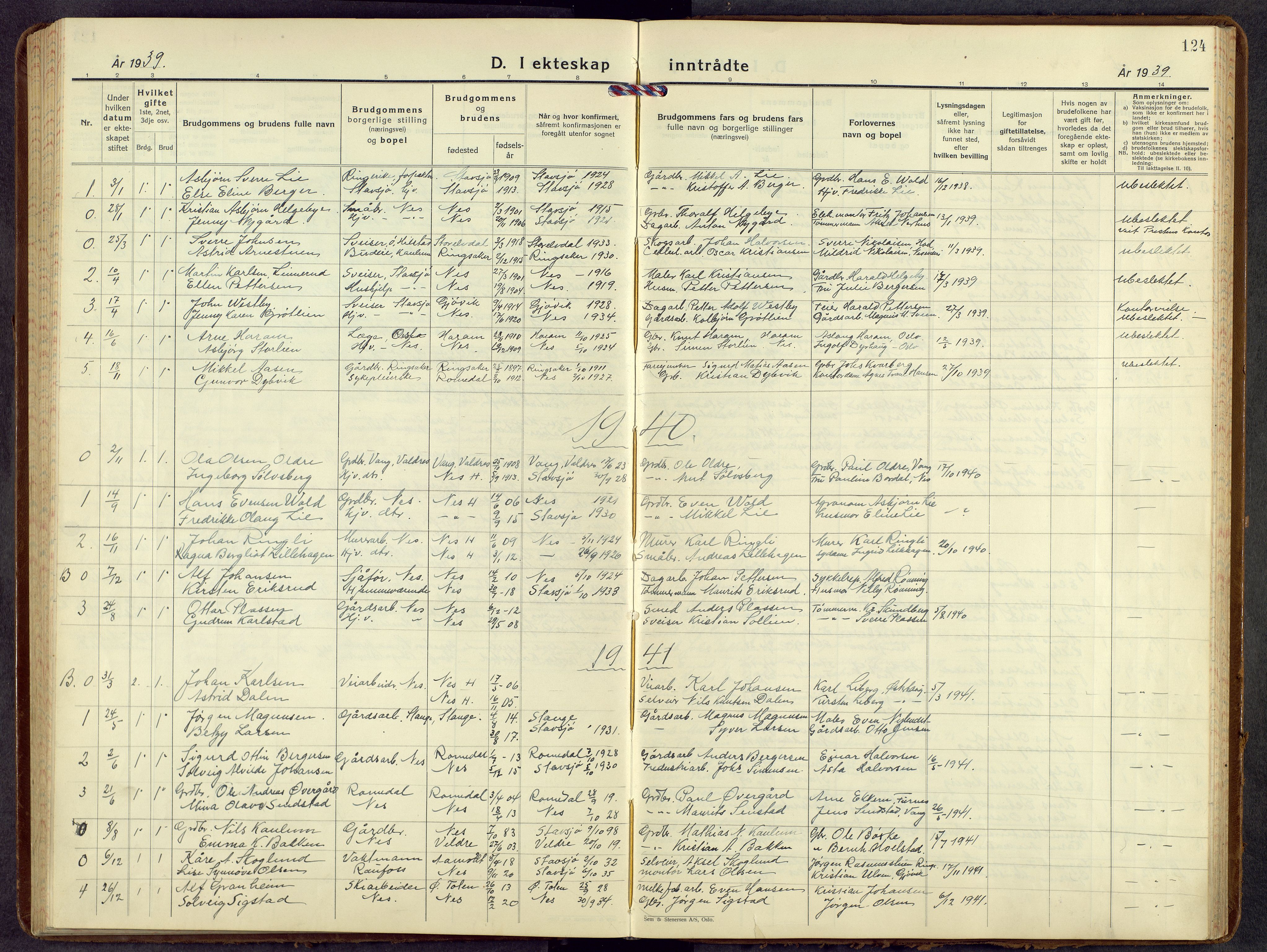 Nes prestekontor, Hedmark, AV/SAH-PREST-020/L/La/L0012: Klokkerbok nr. 12, 1936-1958, s. 124