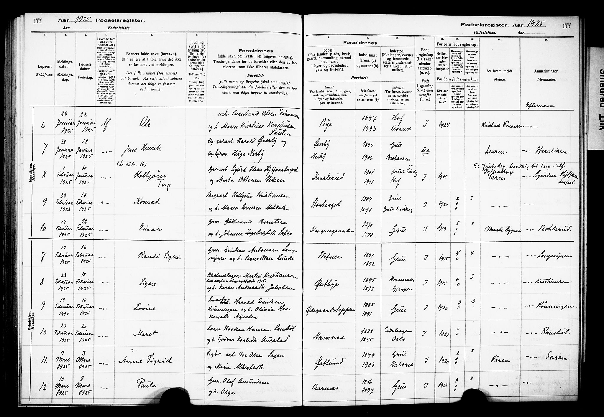 Grue prestekontor, AV/SAH-PREST-036/I/Id/Ida/L0001: Fødselsregister nr. I 1, 1916-1926, s. 177