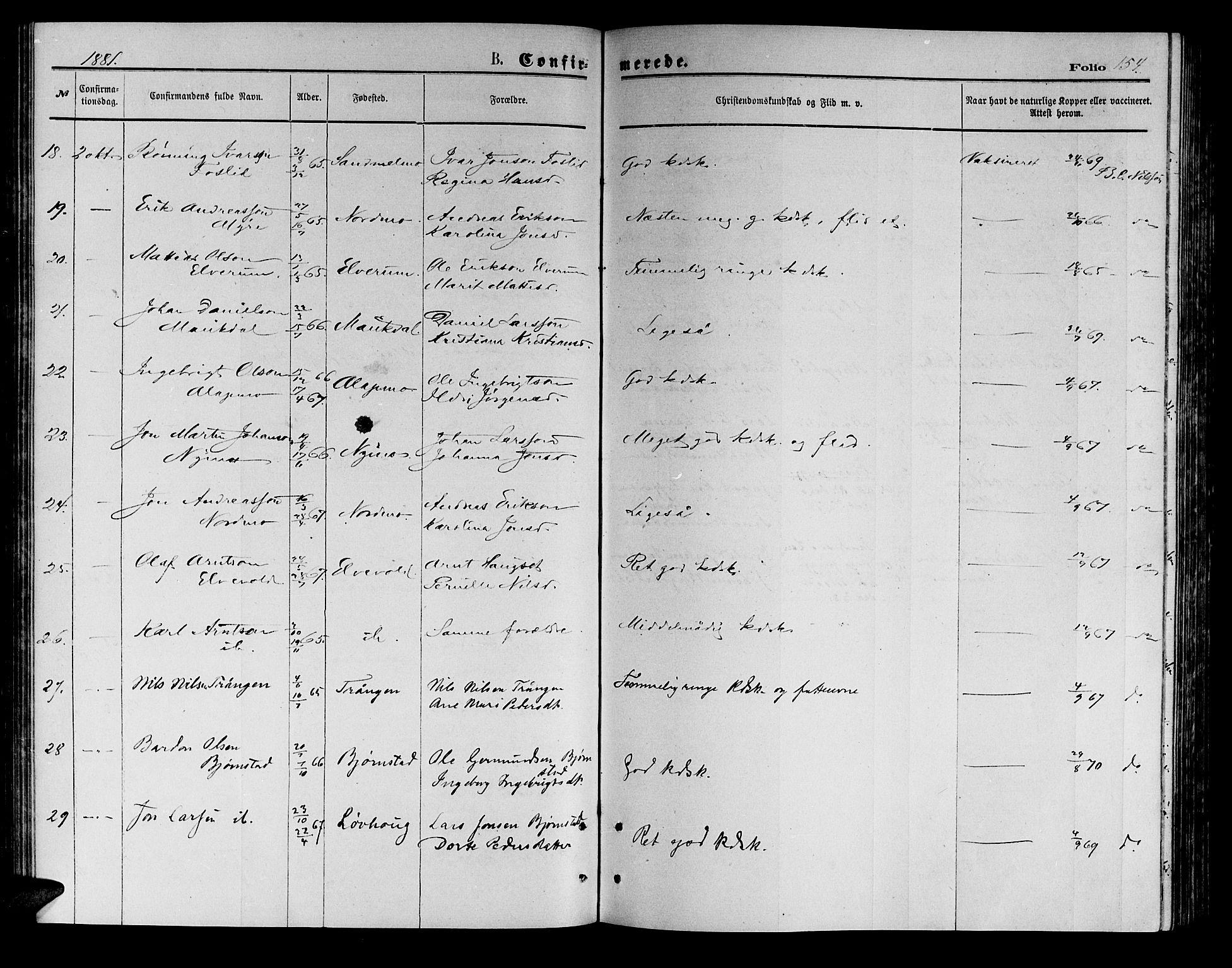 Målselv sokneprestembete, AV/SATØ-S-1311/G/Ga/Gab/L0003klokker: Klokkerbok nr. 3, 1874-1885, s. 154