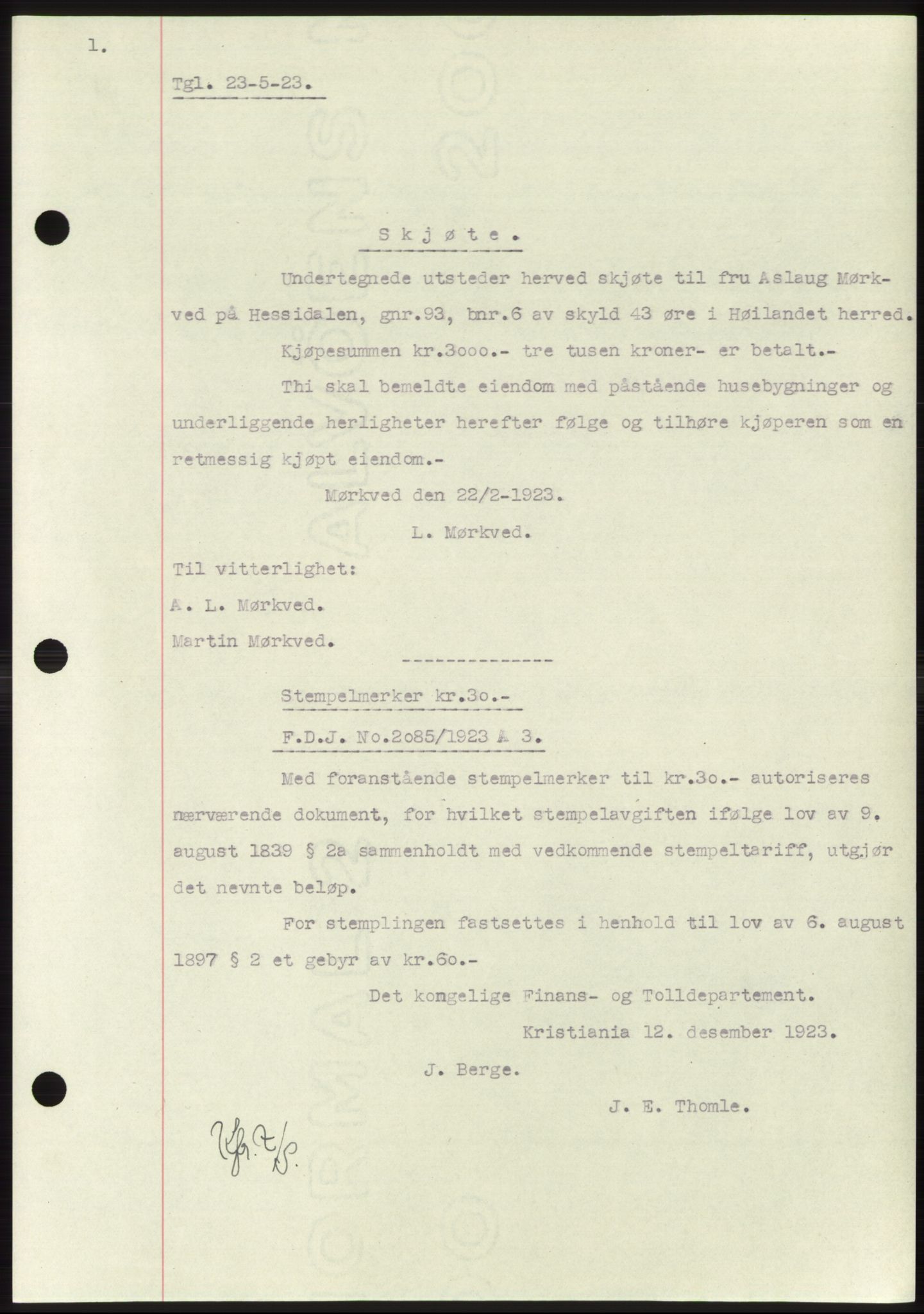 Namdal sorenskriveri, SAT/A-4133/1/2/2C: Pantebok nr. -, 1922-1925, Tingl.dato: 23.05.1923